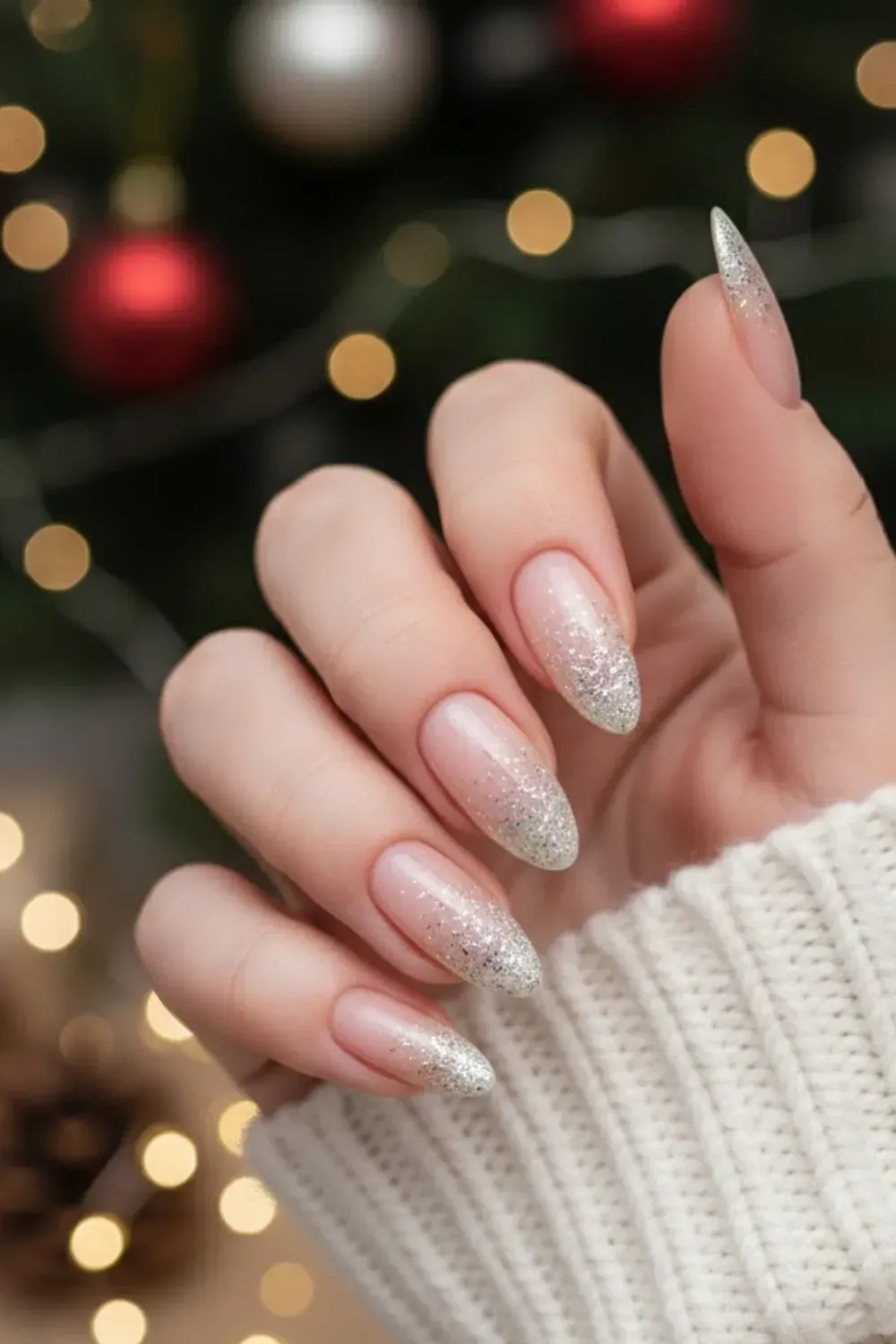 Nude Nails with Silver Glitter Fade - Elegant almond nails with a milky nude base fading into shimmering silver glitter at the tips.