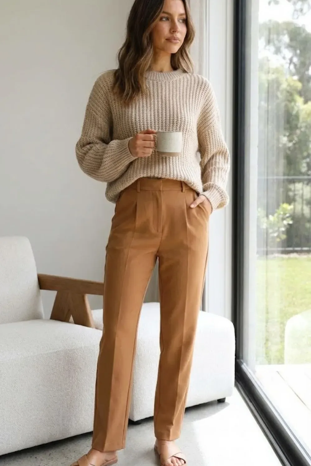 Neutral Knit & Tailored Trousers – Polished casual look with an oatmeal knit sweater tucked into brown tailored trousers.