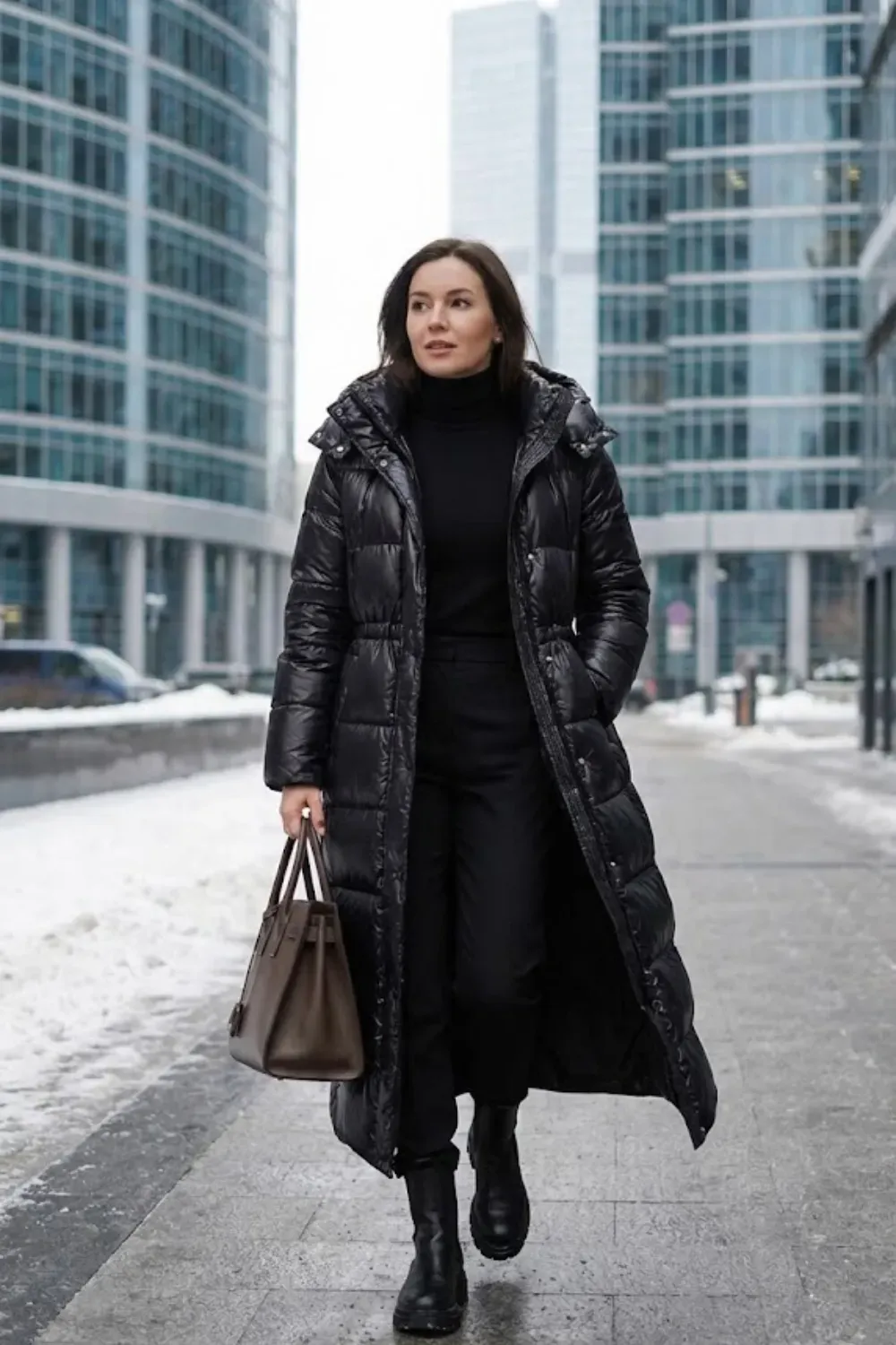 Long Black Glossy Puffer / Sleek warm streetwear winter coat