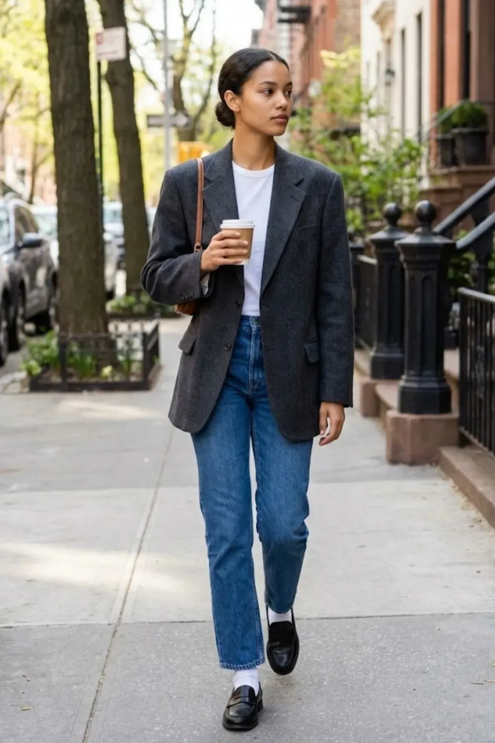 Black leather loafers worn with visible white socks and straight jeans clean girl outfit detail.