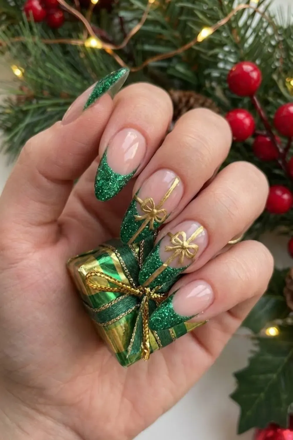 Green Glitter Gift Wrap French Tips - Sparkling green glitter French tips designed to look like wrapped gifts with gold ribbon bows.