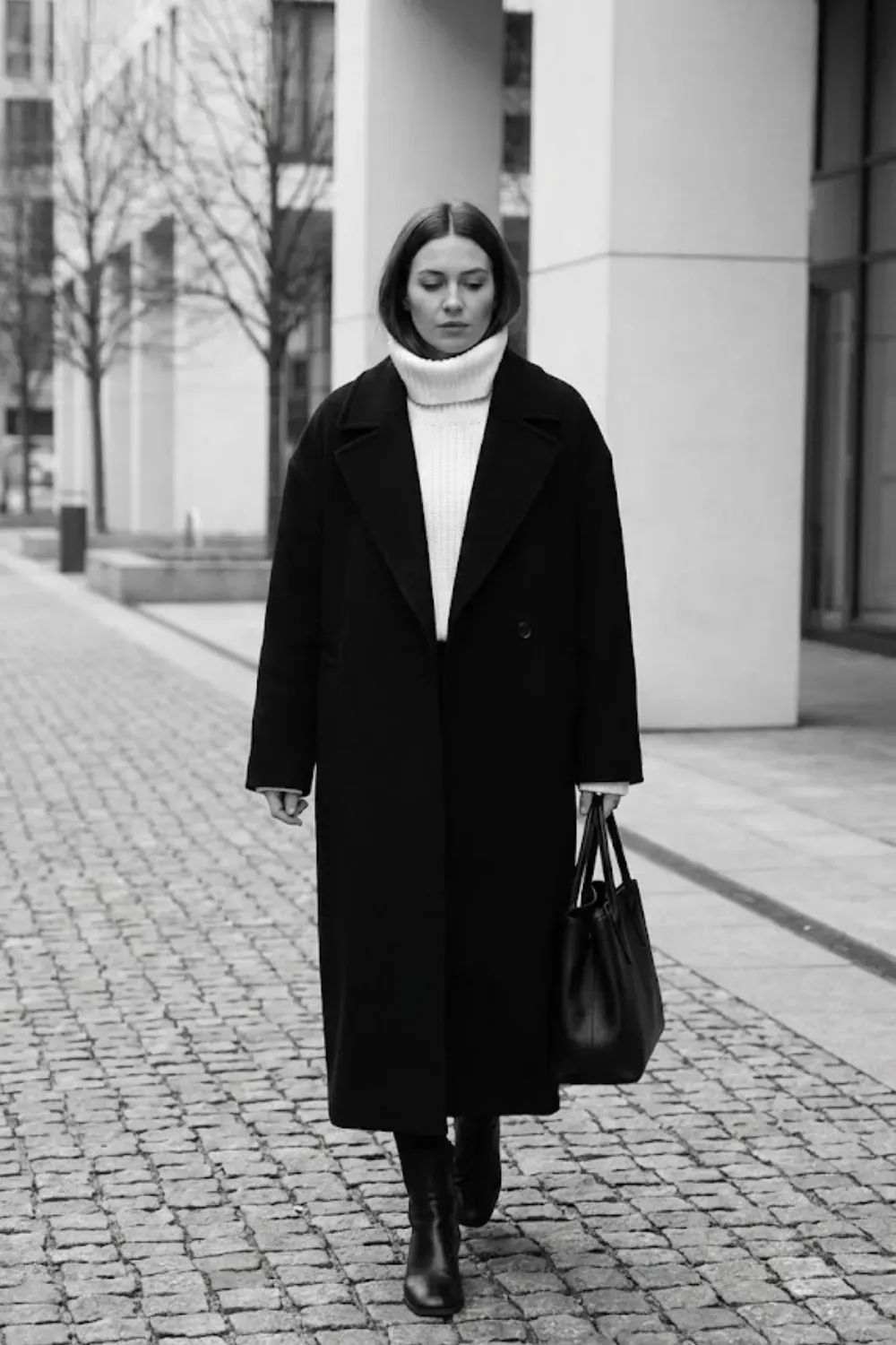 Black Minimalist Wool Coat Minimal / Black and white winter fashion trends