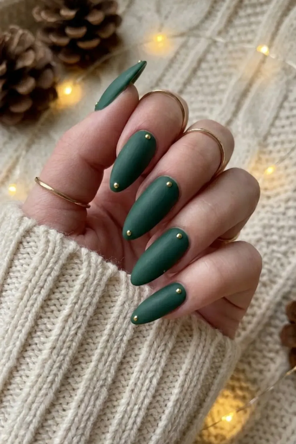 Matte Forest Green Nails with Gold Studs - Chic matte green almond nails accented with minimalist gold stud dots.