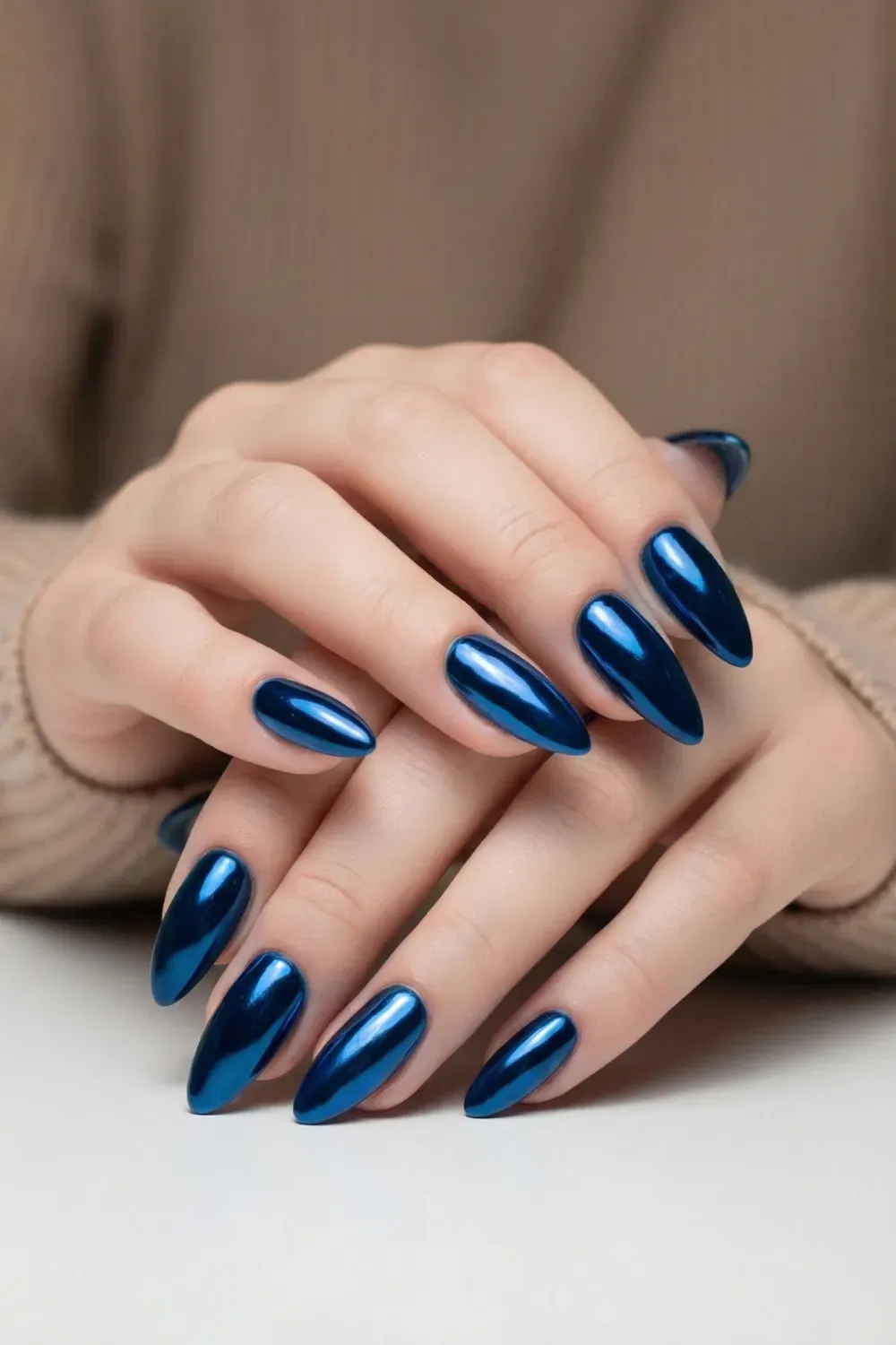 Deep Blue Reflective Chrome - long almond deep metallic reflective blue chrome nails