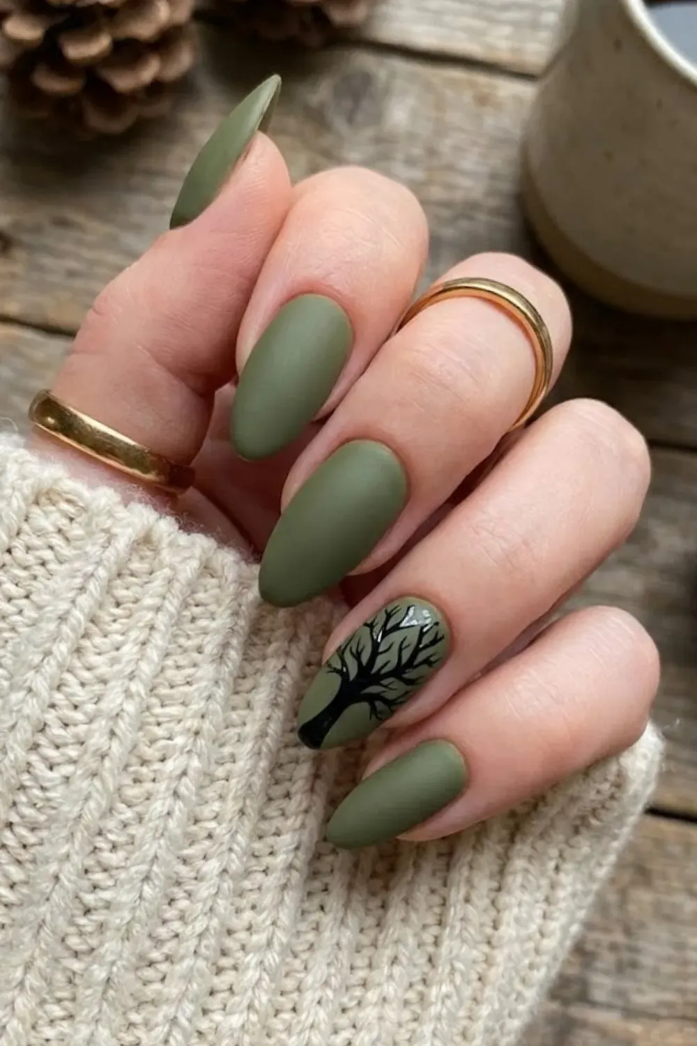 Olive Tree Silhouette Nails – matte olive green nails with black winter tree branch art