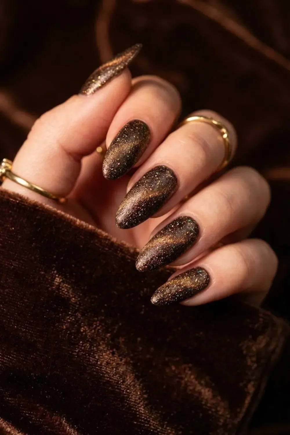 Bronze glitter cat eye nails with textured velvet-like shimmer