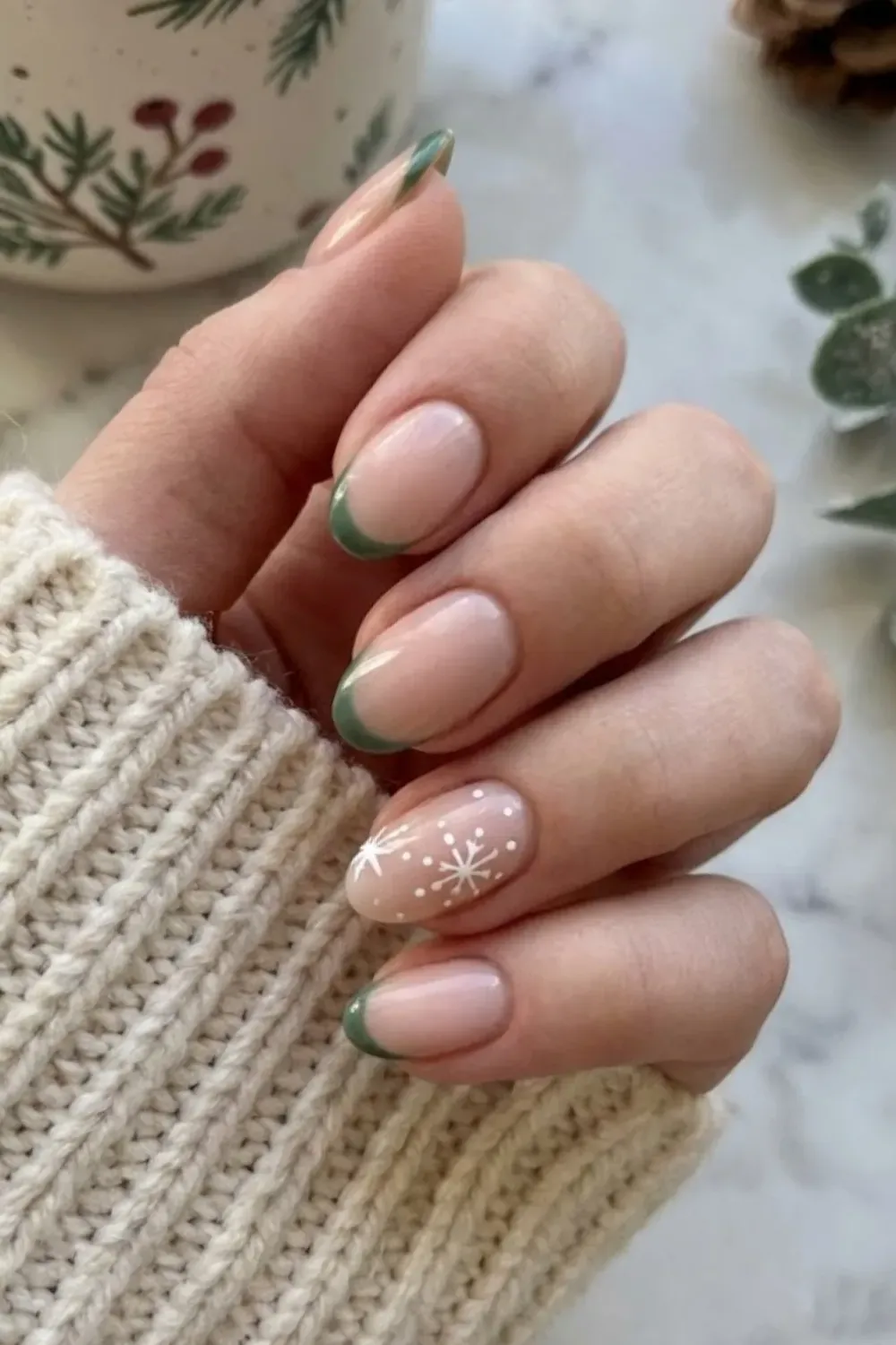 Modern French Snowflake Nails – negative space nails with olive green french outline and snowflakes