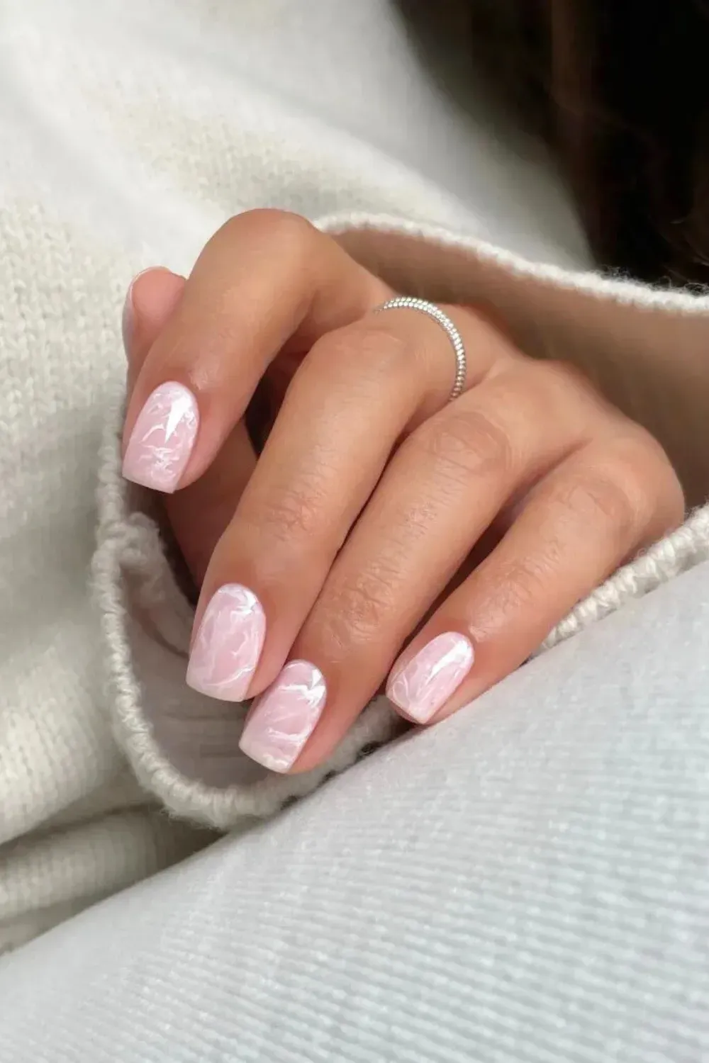 Soft Rose Quartz - Square nails with a soft pink and white marble rose quartz stone effect.