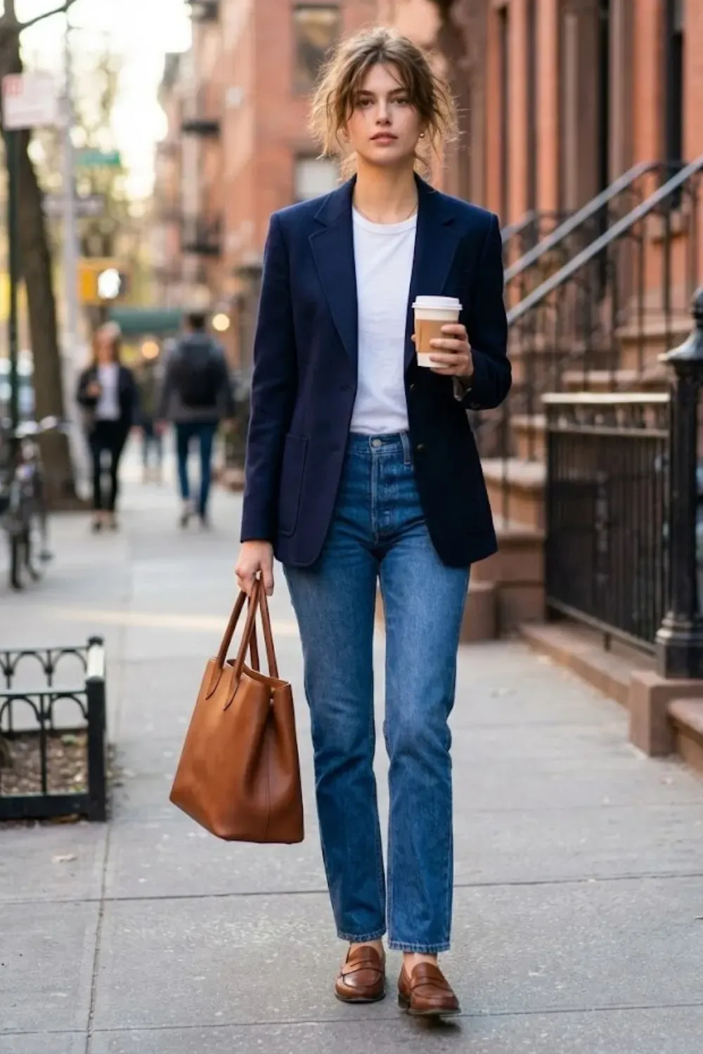 Woman carrying structured brown leather tote bag with blazer and jeans practical everyday outfit.