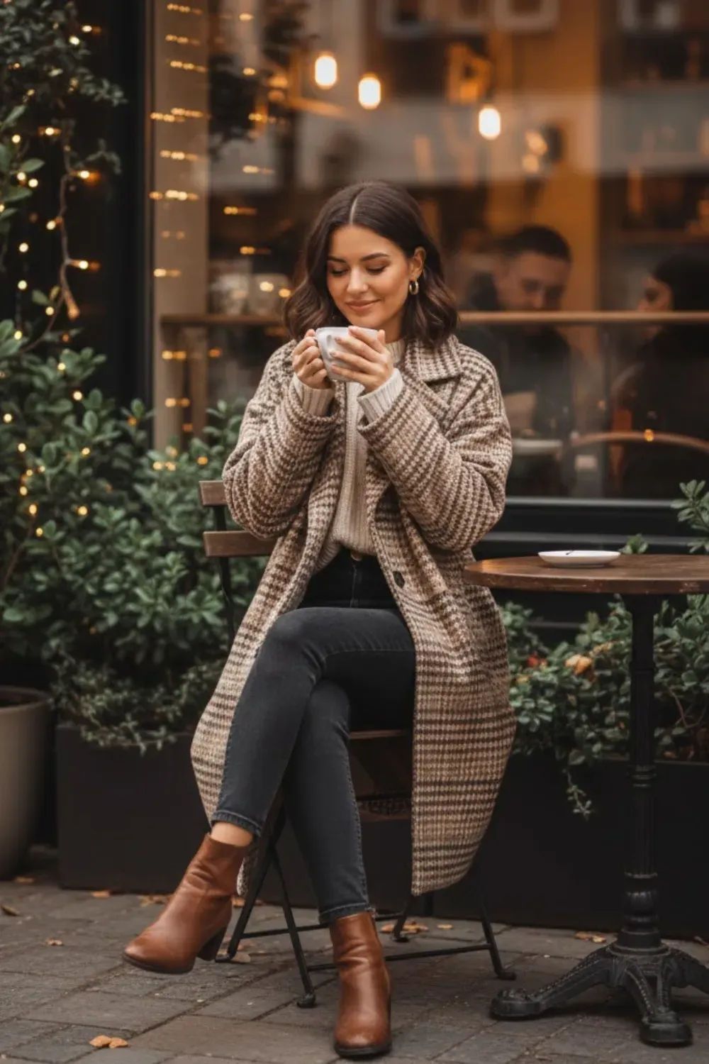 Brown Plaid Coat in Cafe / Dark academia cozy winter coa