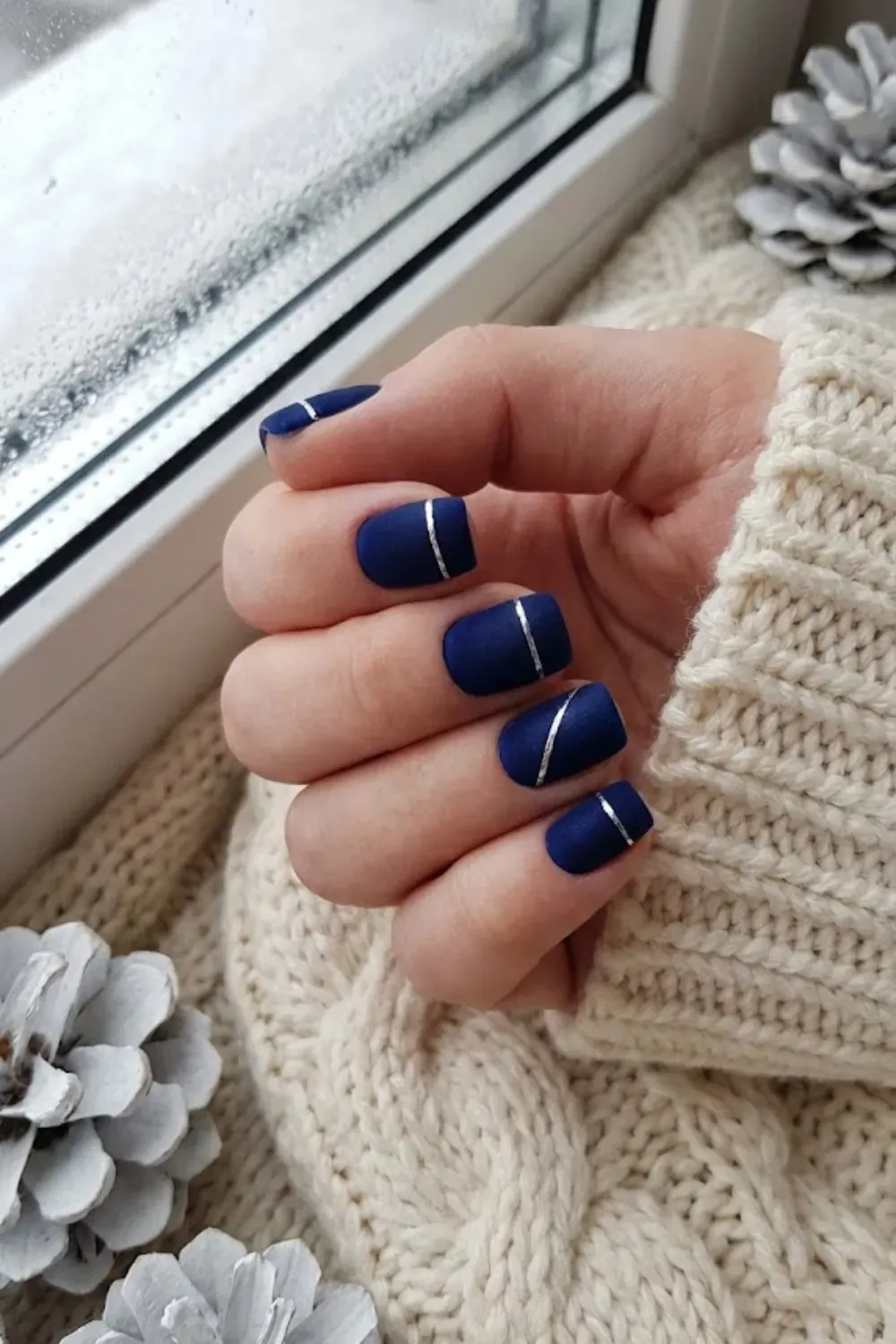 Matte Navy with Silver Stripes - square matte navy blue nails with thin minimalist silver metallic stripe tape