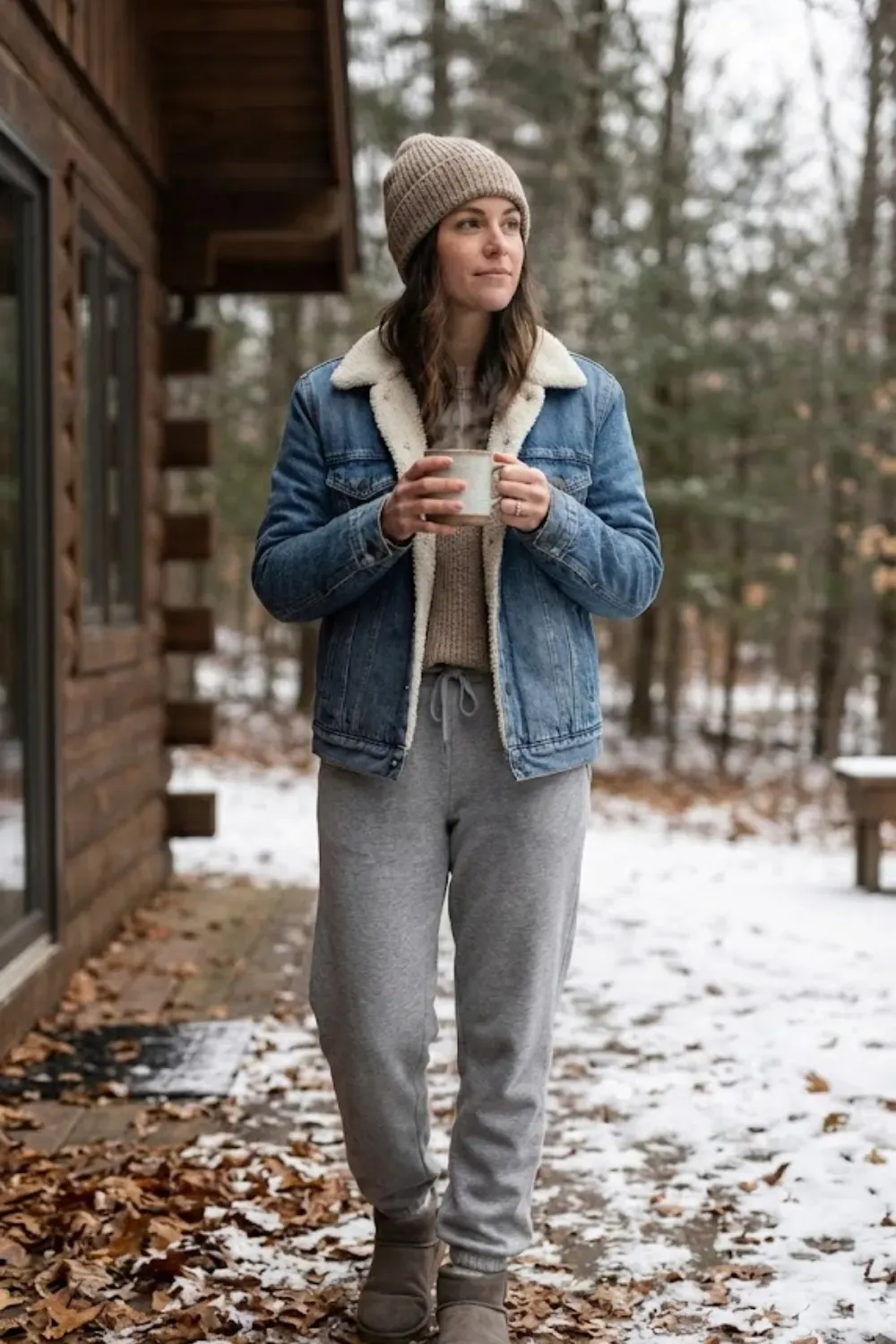 Denim Sherpa Lined Jacket / Everyday warm cabin core winter jacket