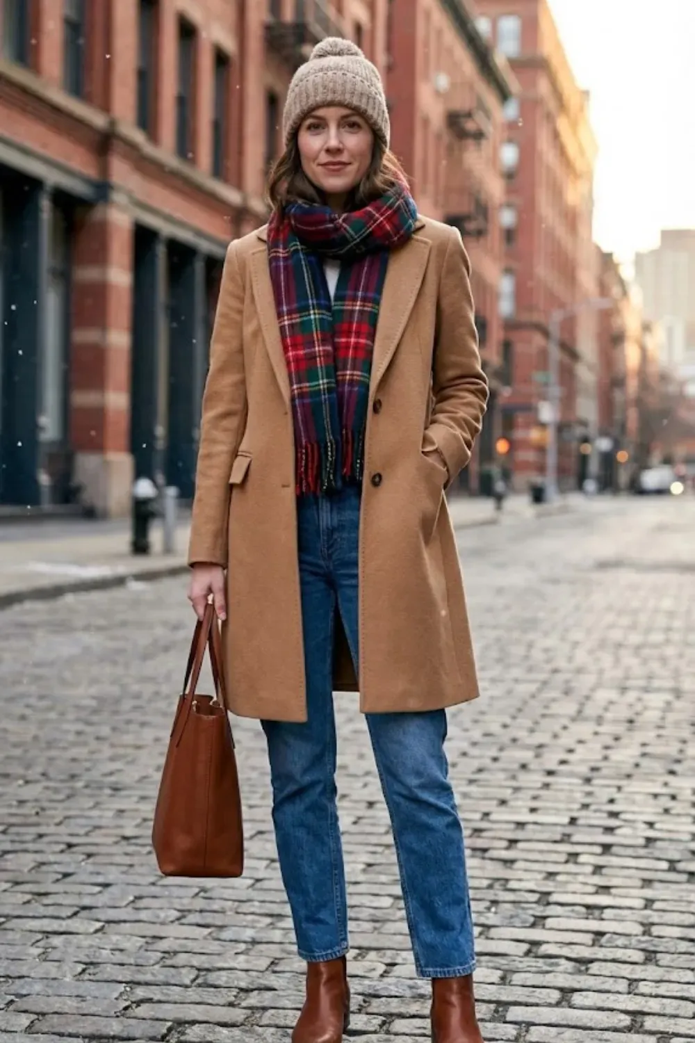 Camel Coat with Plaid Scarf / Classic everyday warm winter style