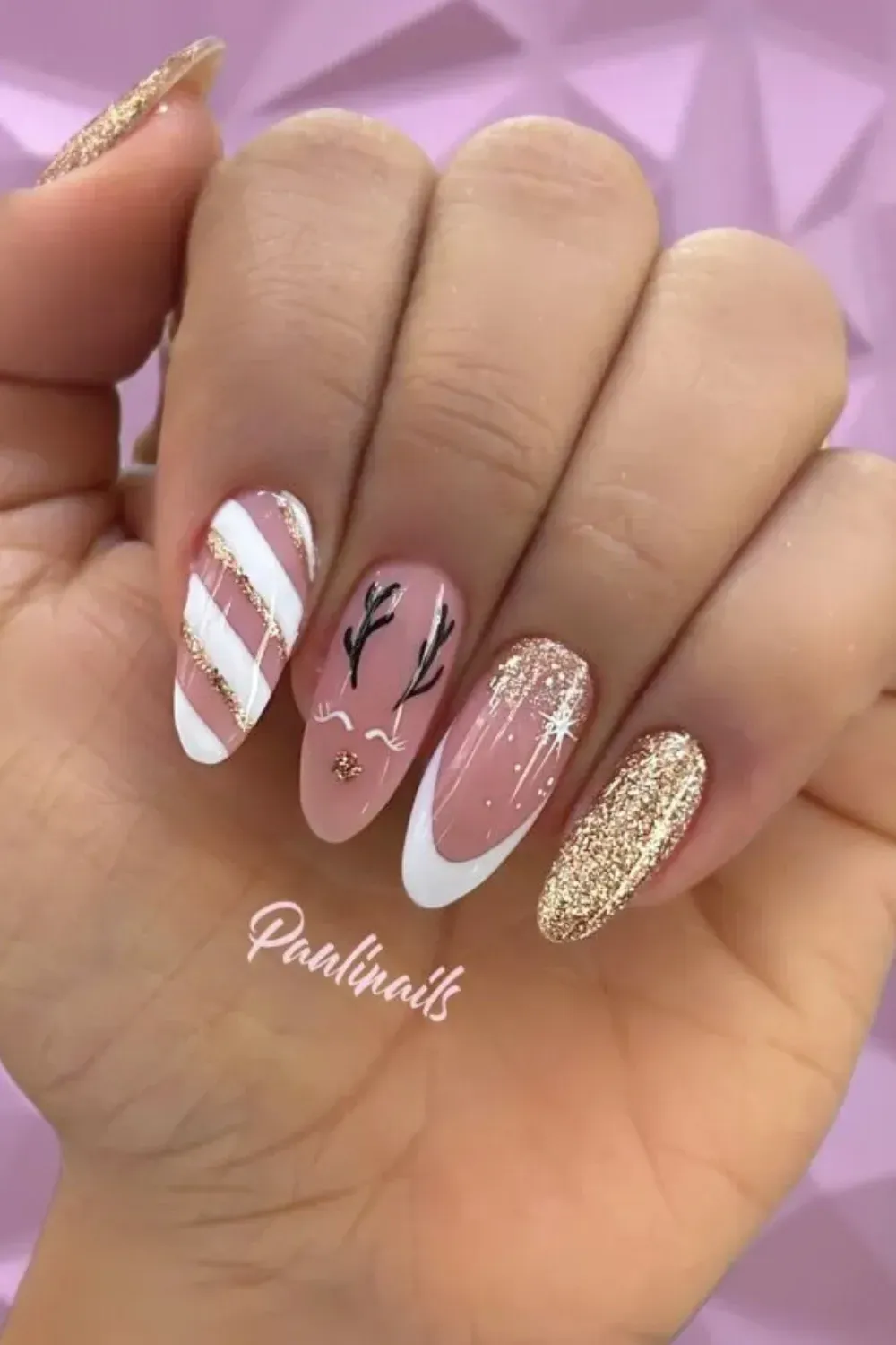 Reindeer & Candy Cane Fun - Almond nails with festive reindeer face art and red and white candy cane stripes.