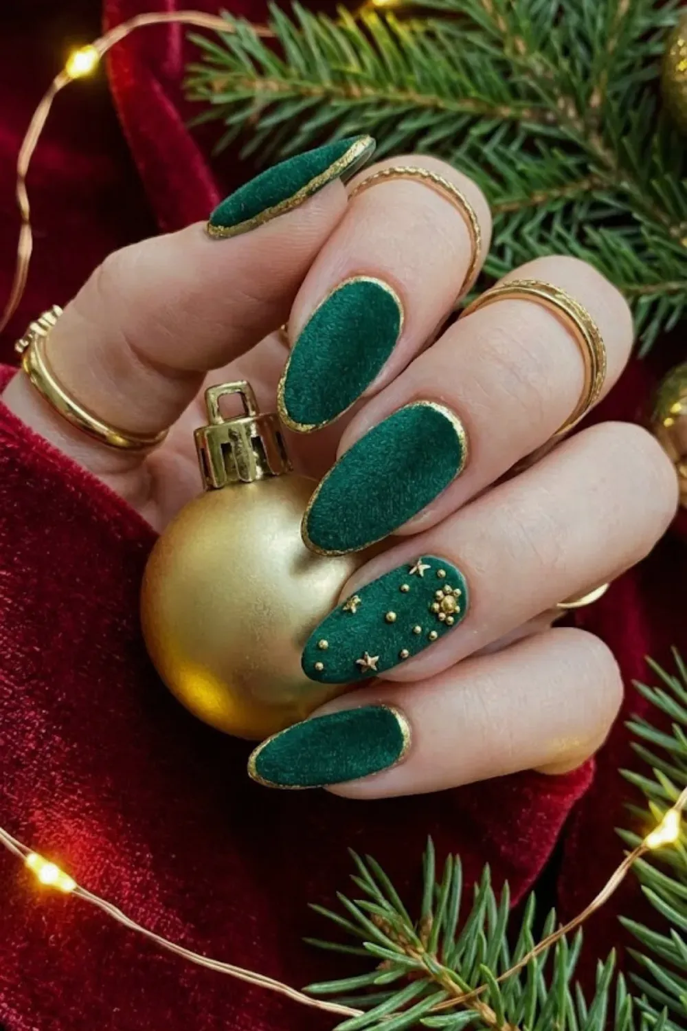 Green Velvet Texture Nails with Gold Details - Textured green velvet-effect nails with gold studs and elegant French outlines.