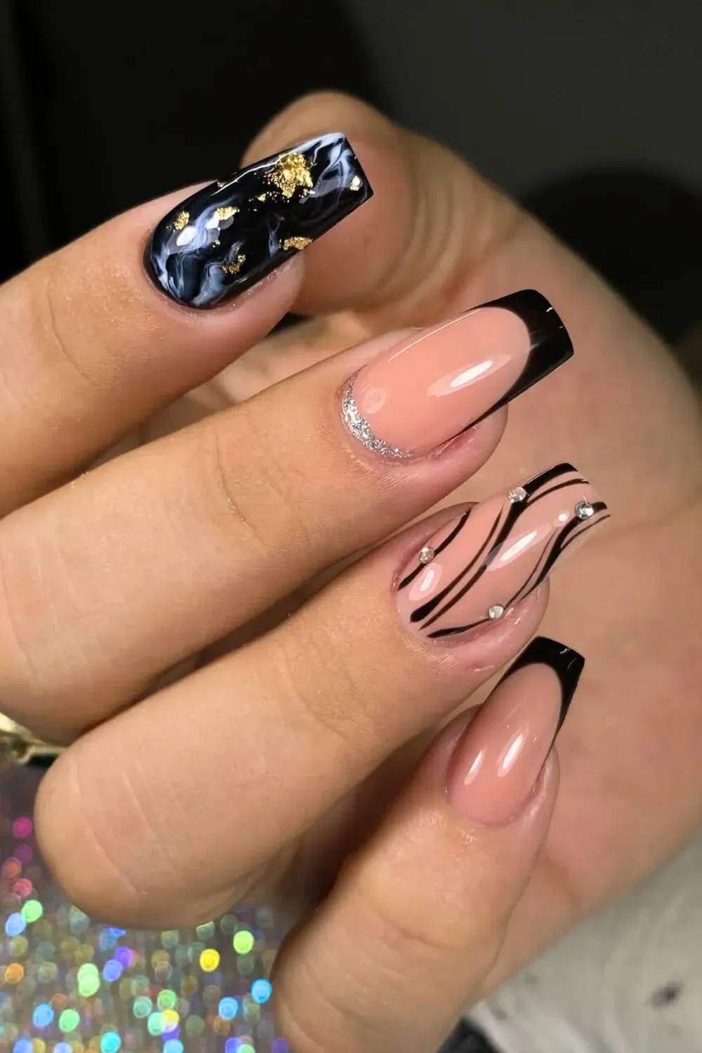 Black Marble and Swirls	Coffin nails with black marble and fine line swirls