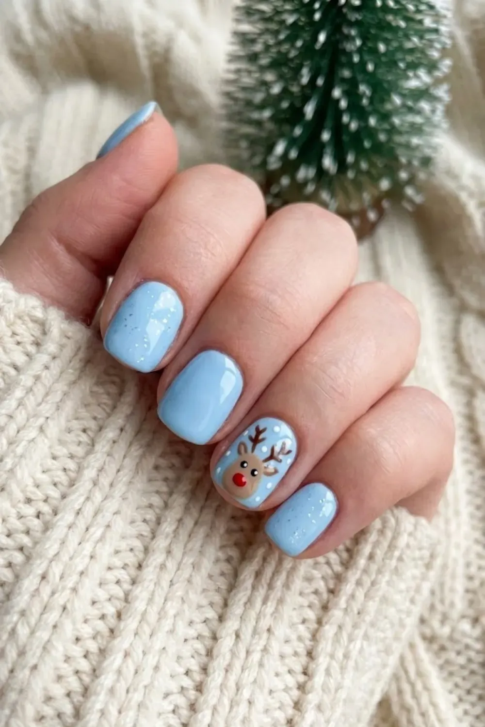 Cute Baby Blue Reindeer Accent - short square baby blue nails with cute hand painted reindeer face accent