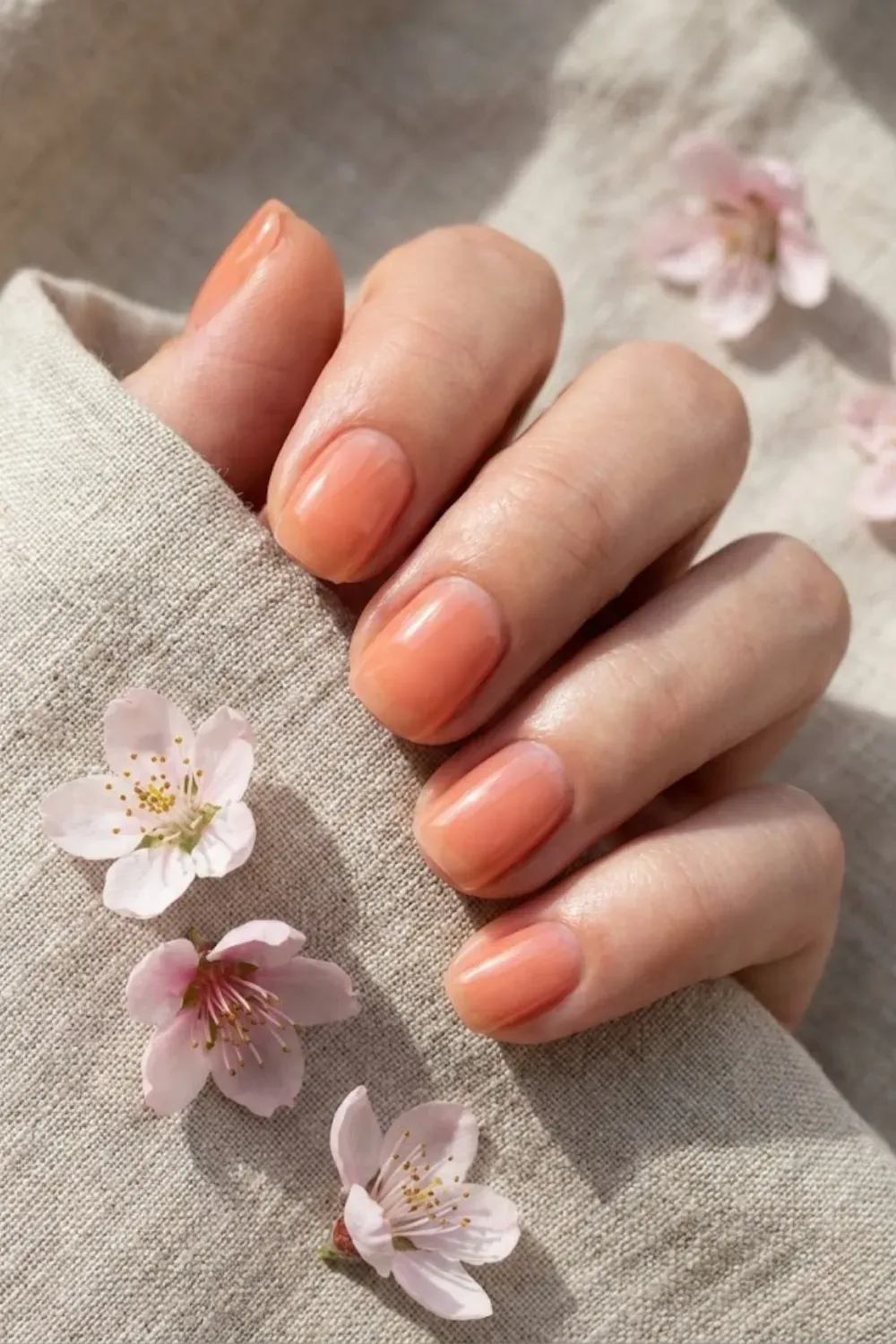 Sheer Peach Jelly Squoval - Short squoval nails painted in a juicy, translucent peach jelly polish for a fresh spring look.
