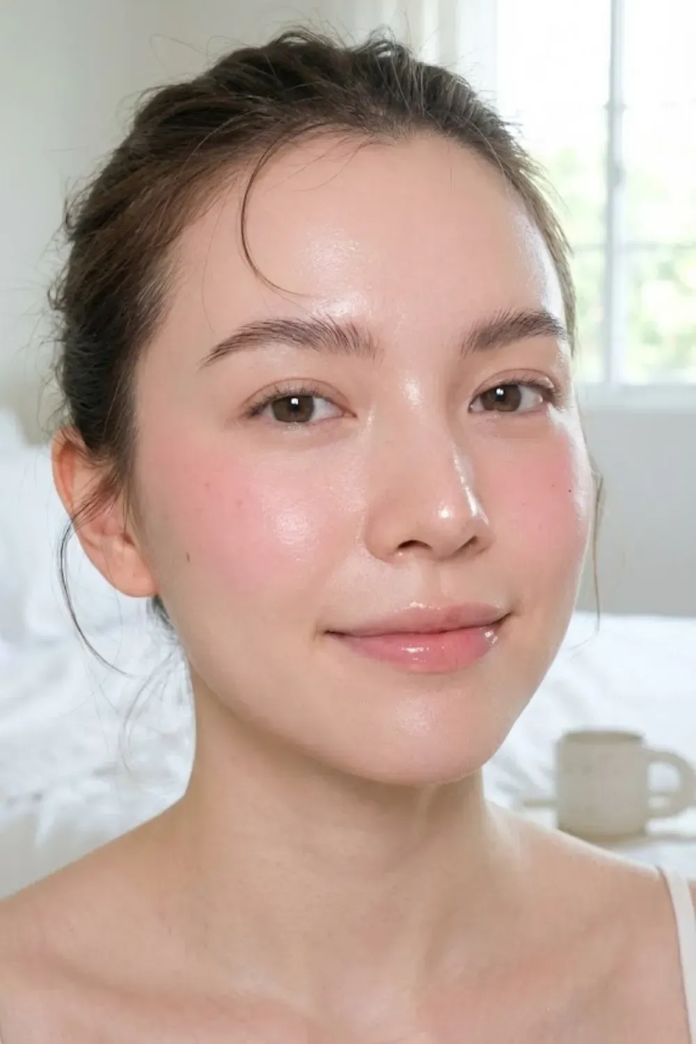 Milky Skin Minimal Makeup Look - Milky skin makeup look on white skin with dewy finish
