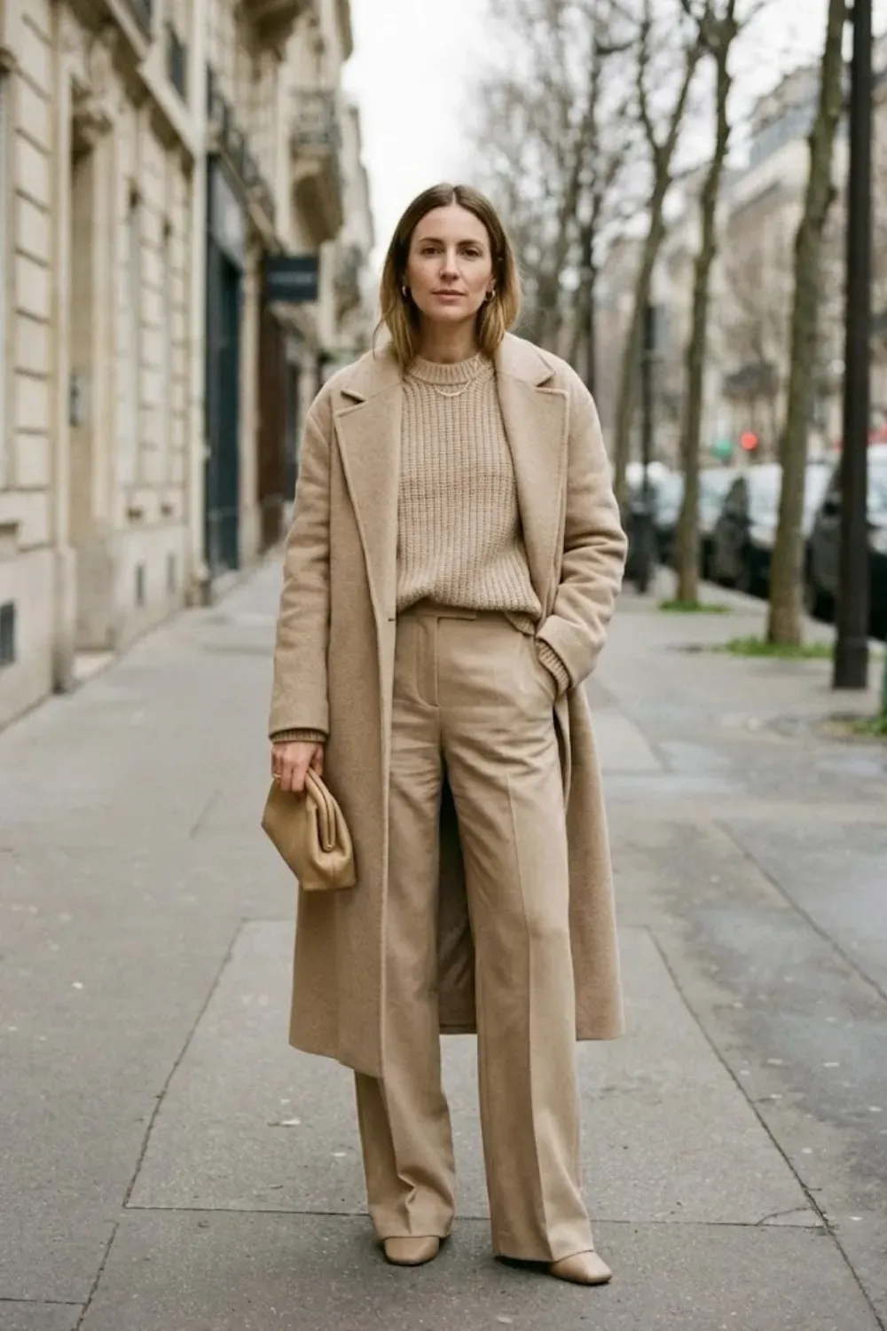 Street style shot of a woman wearing a monochrome beige winter outfit featuring a chunky ribbed knit sweater, wide-leg beige trousers, and a matching long beige wool coat.