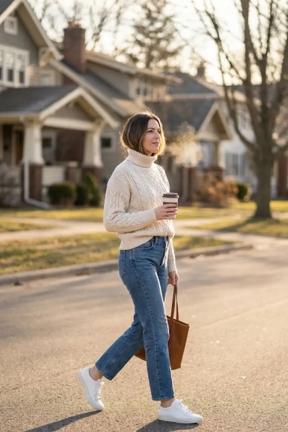 Cream Cable Knit Turtleneck - Thick cream cable knit turtleneck sweater half-tucked into blue straight-leg jeans paired with white sneakers.