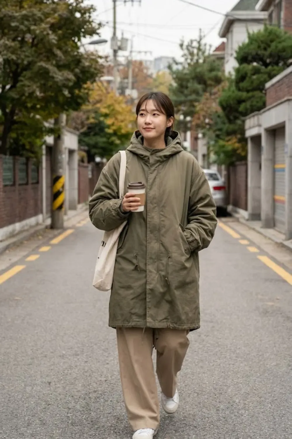 Khaki Oversized Parka Coat / Calm Korean everyday winter look