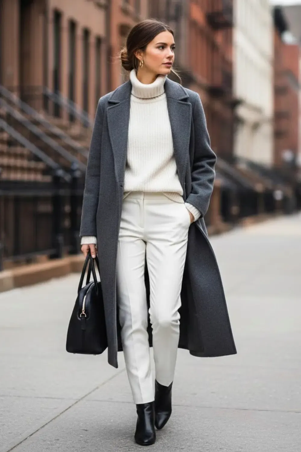 Grey Coat & White Monochromatic Layering – Street style shot of a woman on a city sidewalk wearing a structured charcoal grey wool coat layered over a white turtleneck sweater and white trousers.