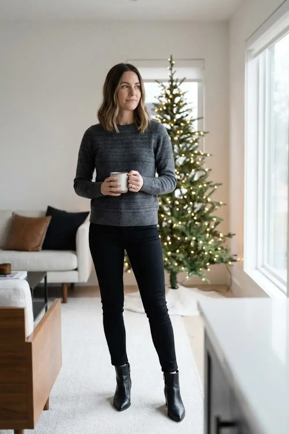 Woman standing indoors wearing grey nordic pattern sweater and black skinny jeans holding coffee mug