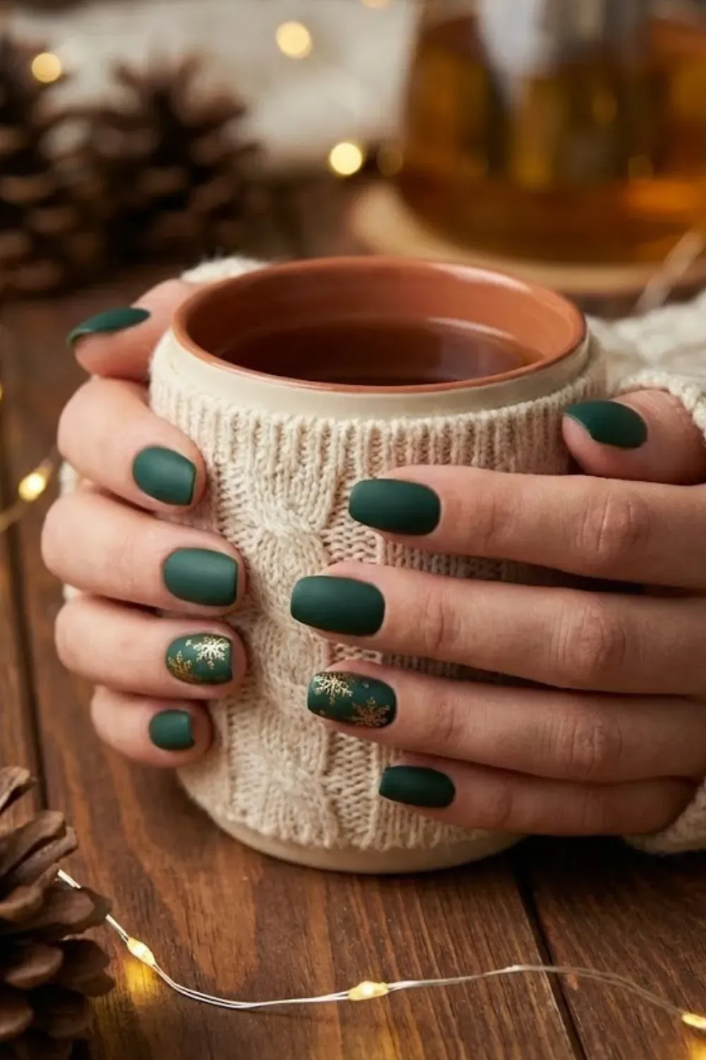Matte Gold Flake Nails – matte dark green nails with gold foil snowflake accents