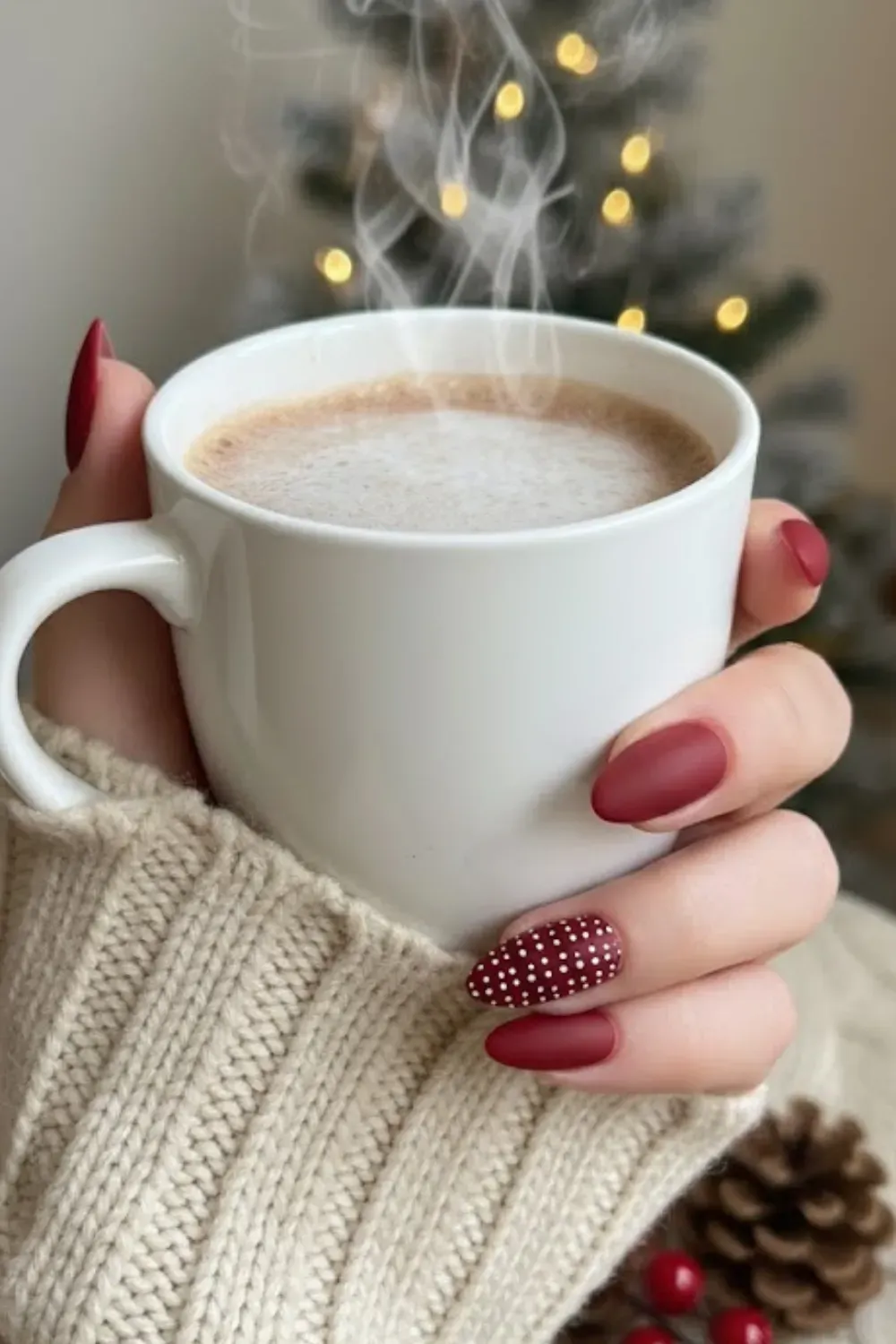 Matte Red Nails with Polka Dots - Hand holding a coffee cup featuring matte maroon nails with one accent nail covered in tiny white polka dots.