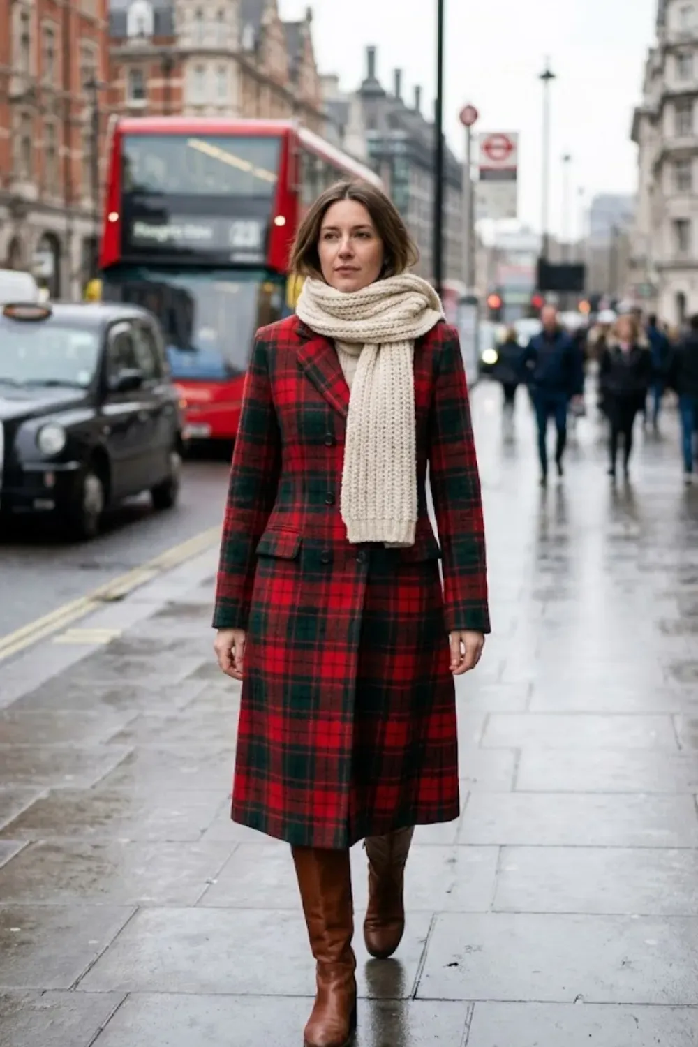 Red Plaid Tailored Coat Scarf / Festive everyday warm winter outfit