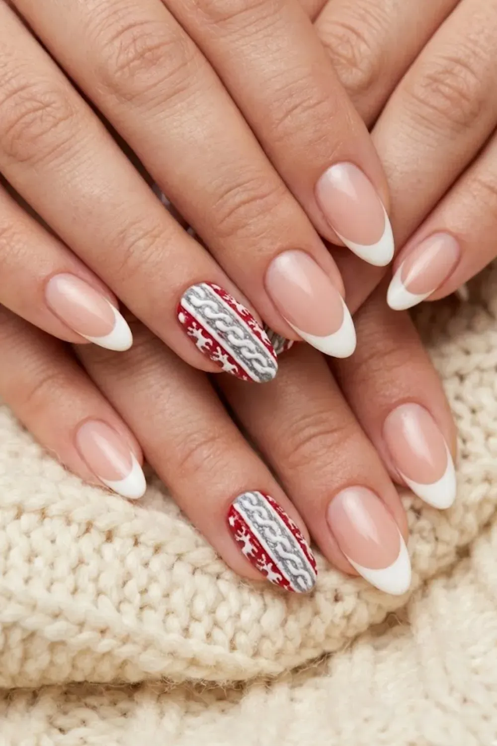 Cozy Sweater Texture Nails — white French tips paired with 3D knitted sweater pattern accent nails.