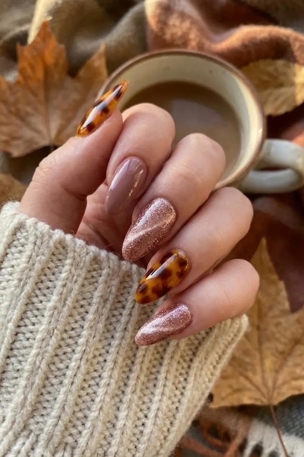 Fall patchwork manicure with tortoiseshell mauve and rose gold cat eye nails