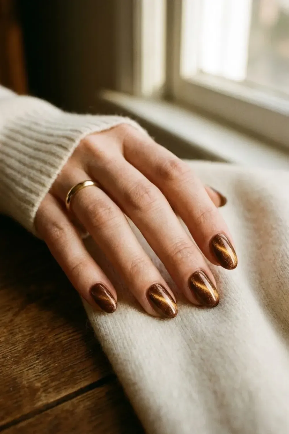 Timeless bronze cat eye nails on short oval nail shape