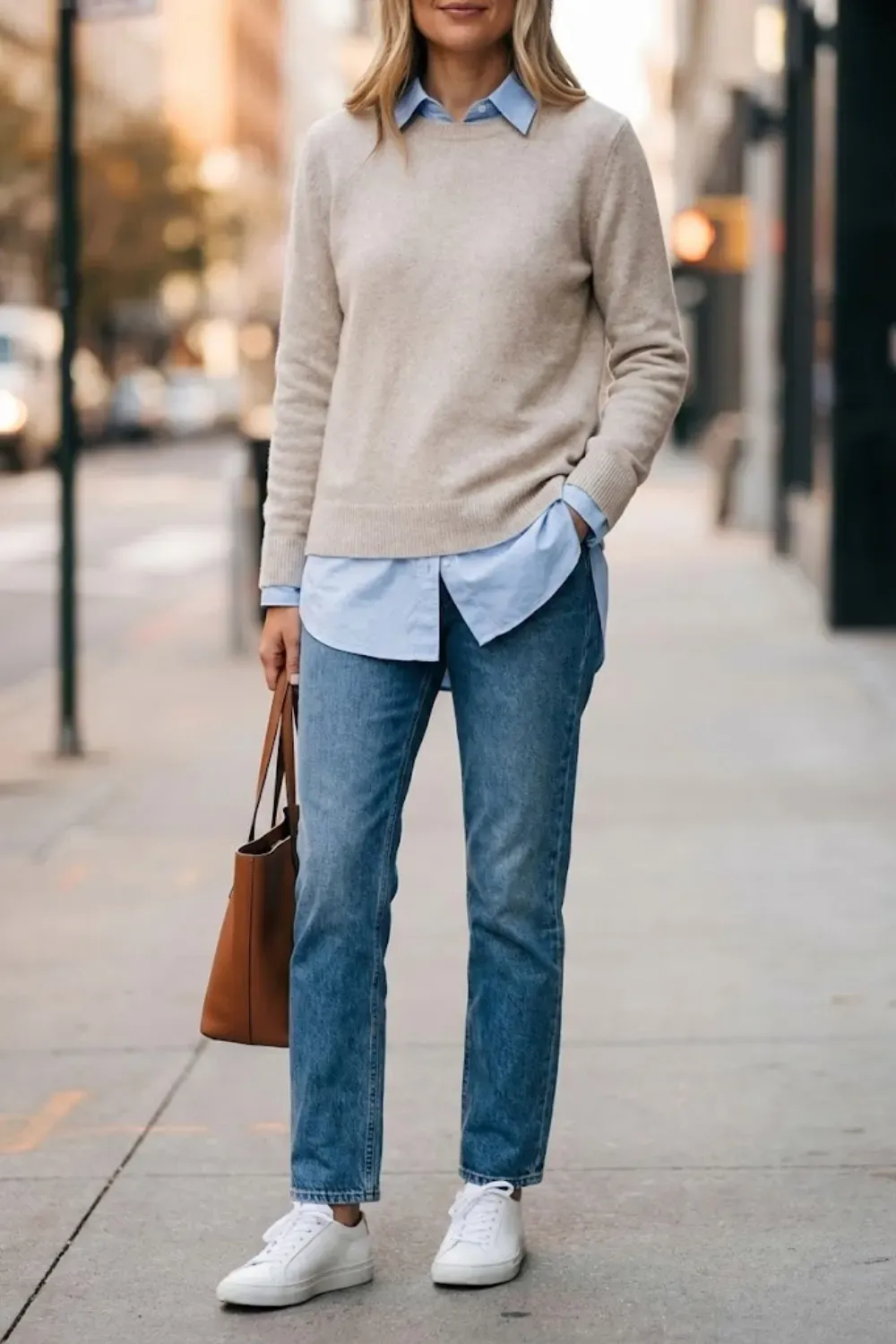Button-down shirt layered under a blazer for a quiet luxury office outfit.