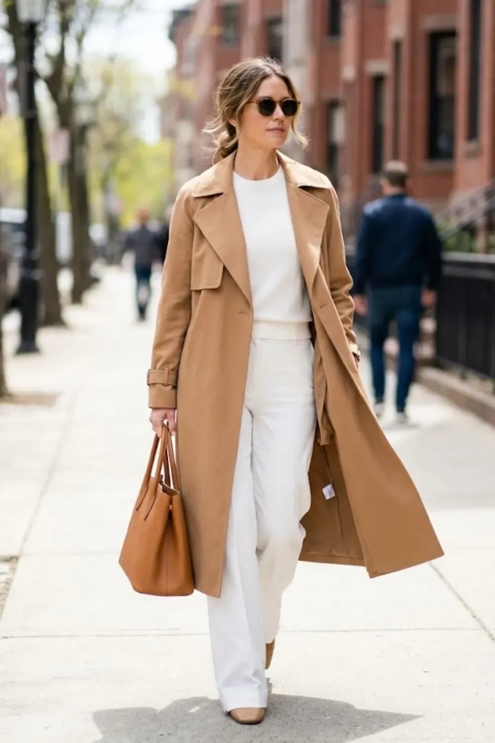 Classic Camel Trench & White Trousers – Woman walking down a city street wearing a timeless camel trench coat draped over an all-white outfit with a sweater and wide-leg trousers, carrying a tan leather tote.
