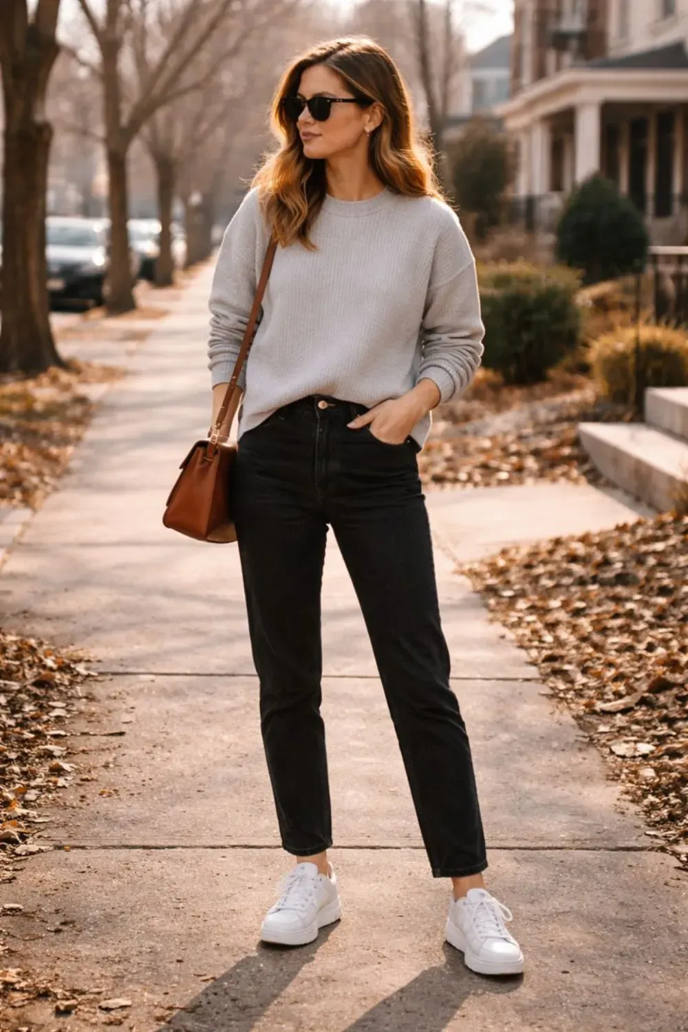 Grey Crewneck & Dark Wash Jeans - Simple grey crewneck sweater tucked into dark wash straight-leg jeans with white sneakers and a brown bag