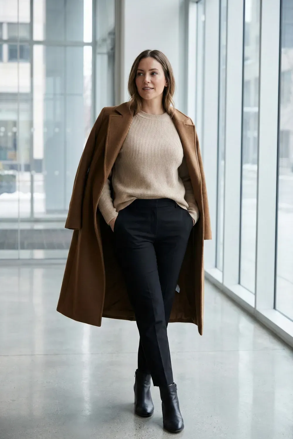Indoor shot of a woman modeling office wear, featuring a beige ribbed crewneck sweater tucked into black tailored trousers with a camel coat draped over her shoulders.