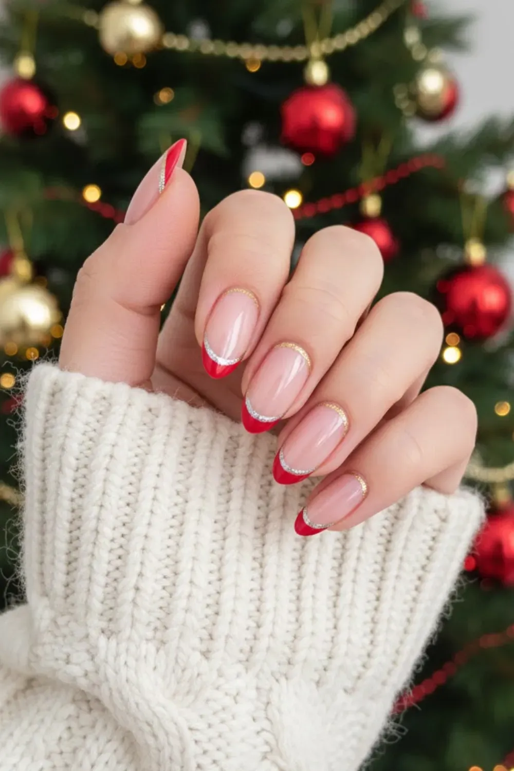 Red French Tips with Silver Lining - Hand in a white sweater showing red French tip nails outlined with a thin silver glitter line