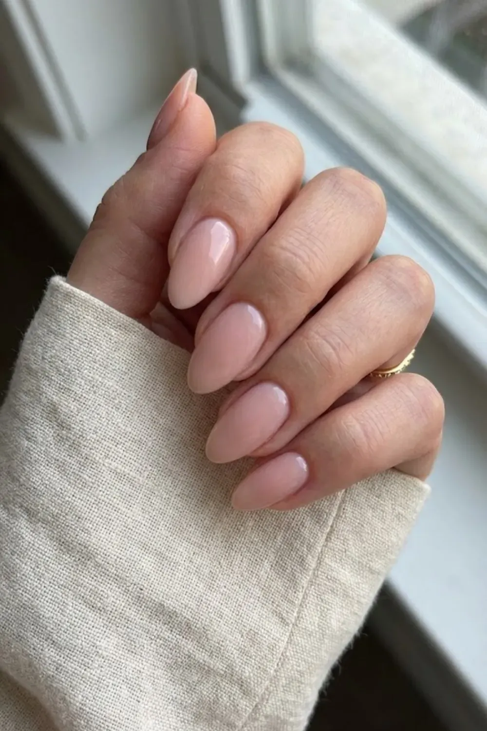 Soft Blush Pink – Sheer pink nude gel nails almond shape elegant wedding