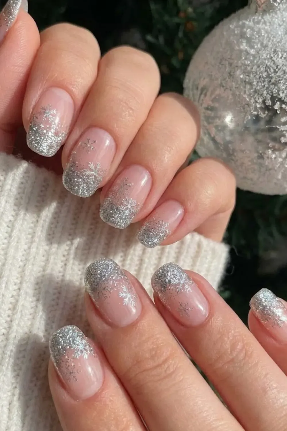 Silver Sparkle Gradient Nails — square nails with a dense silver glitter gradient forming the French tip.