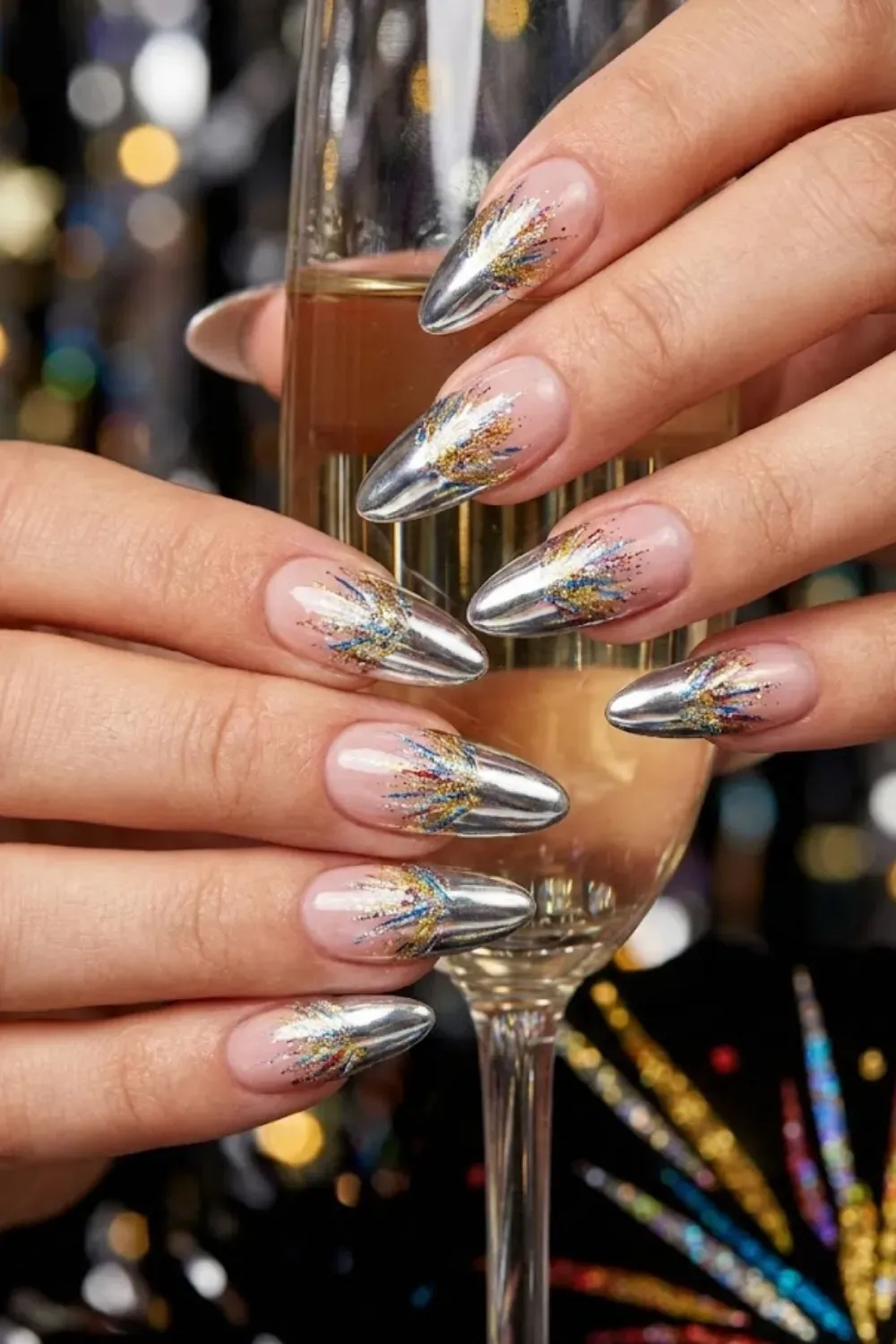 Silver Chrome Firework Nails — silver chrome tips on almond nails with colorful glitter firework art for NYE.