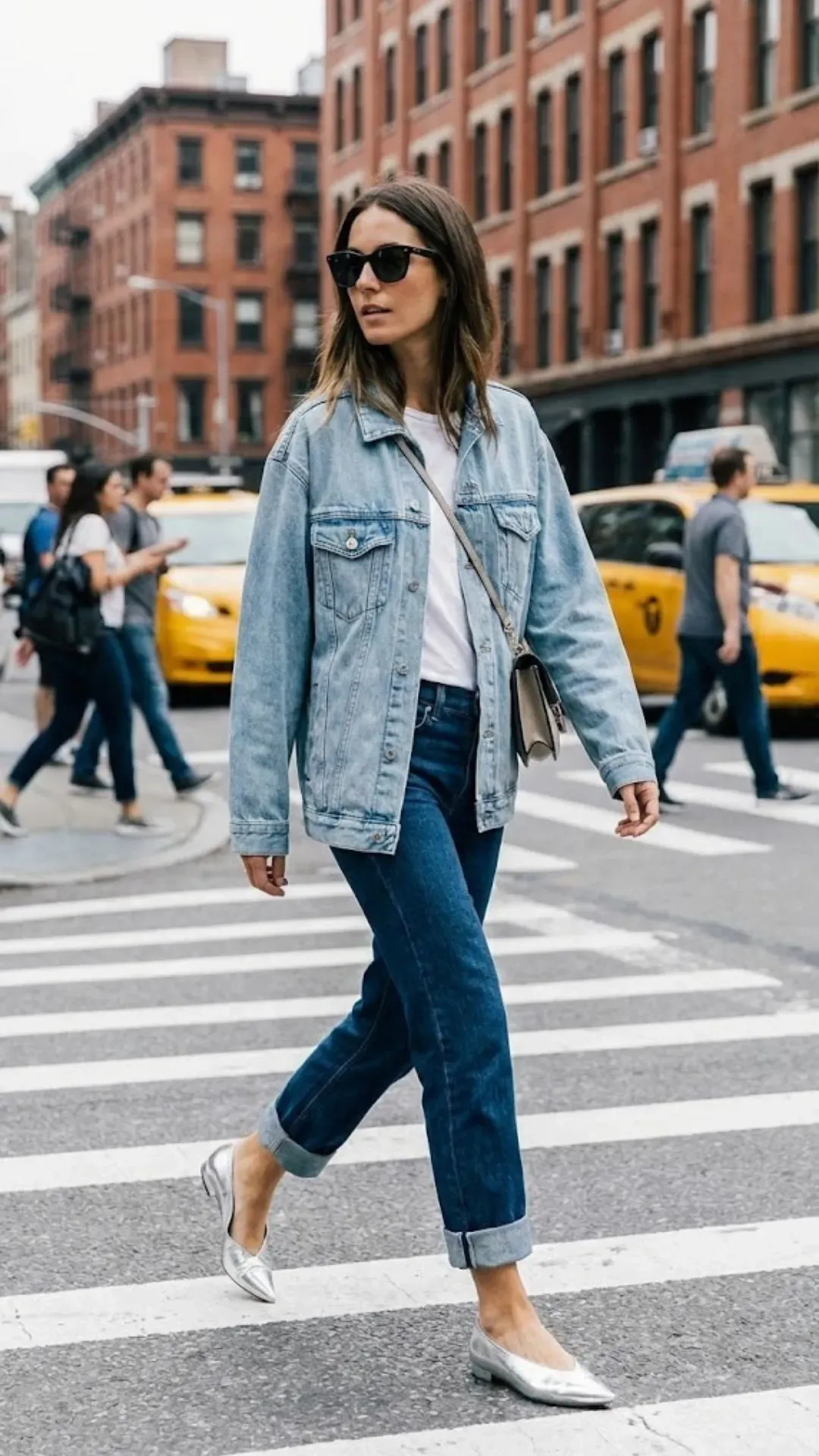 Double Denim Outfit - Street style shot of a woman wearing a light denim jacket and dark wash cuffed jeans walking in a city setting