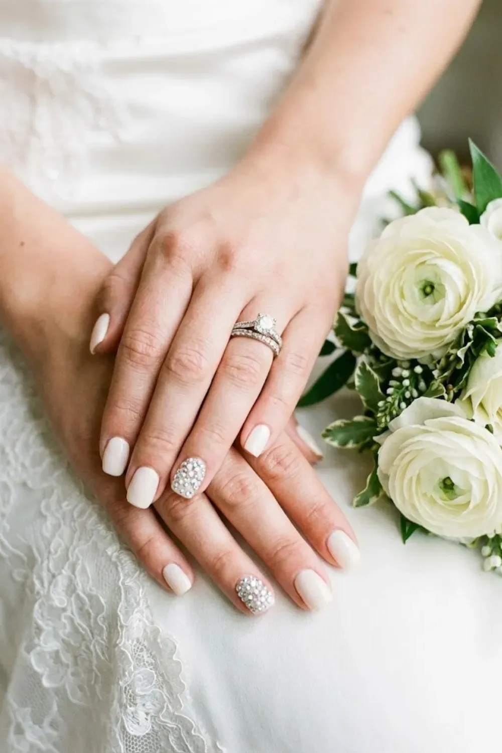 Short Square Pearl & Crystal Accent - Short square white nails; one finger fully covered in bling
