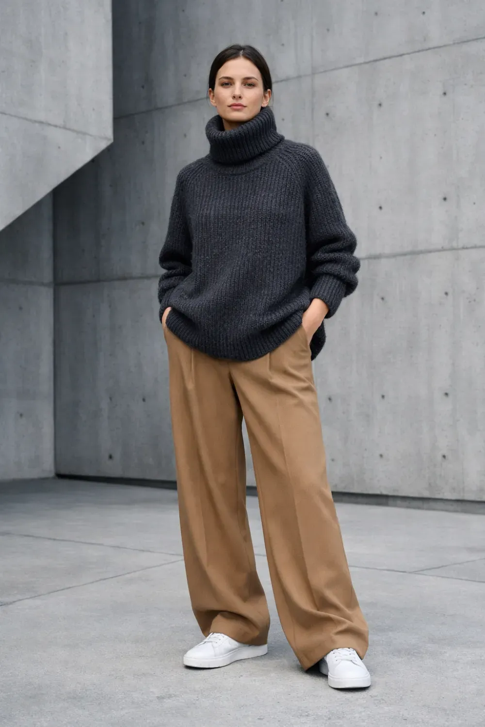 Chunky Grey Knit & Camel Trousers - Sophisticated winter look with a chunky dark grey turtleneck sweater and wide-leg camel trousers.