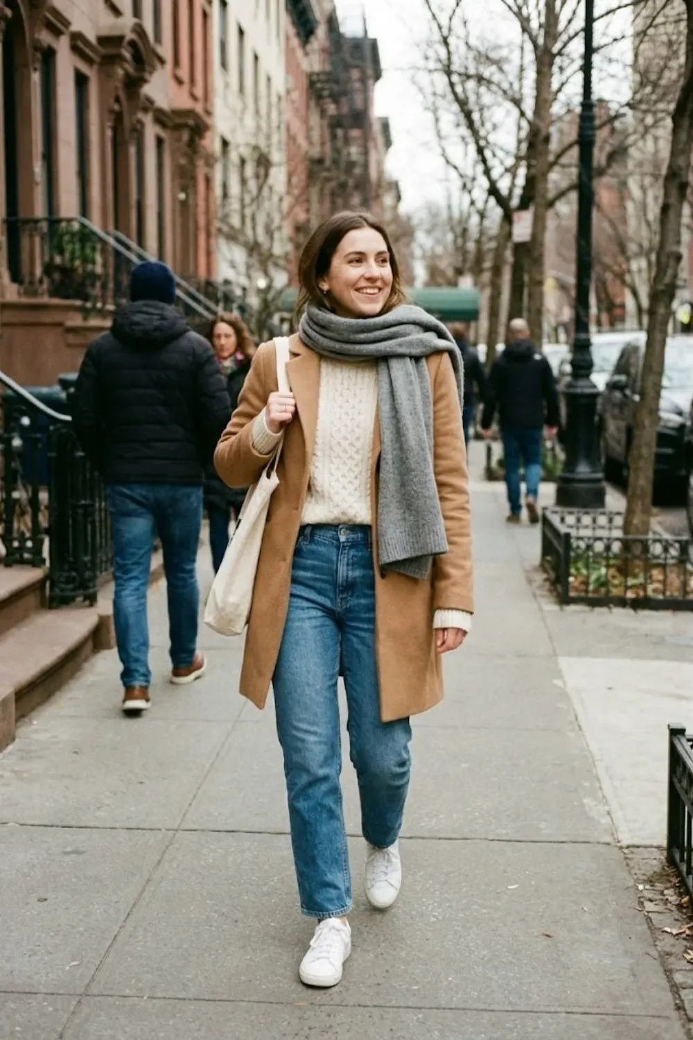 Woman walking on a city sidewalk wearing a camel wool coat, a thick grey wrap scarf, a cream cable-knit sweater, blue jeans, and white sneakers.