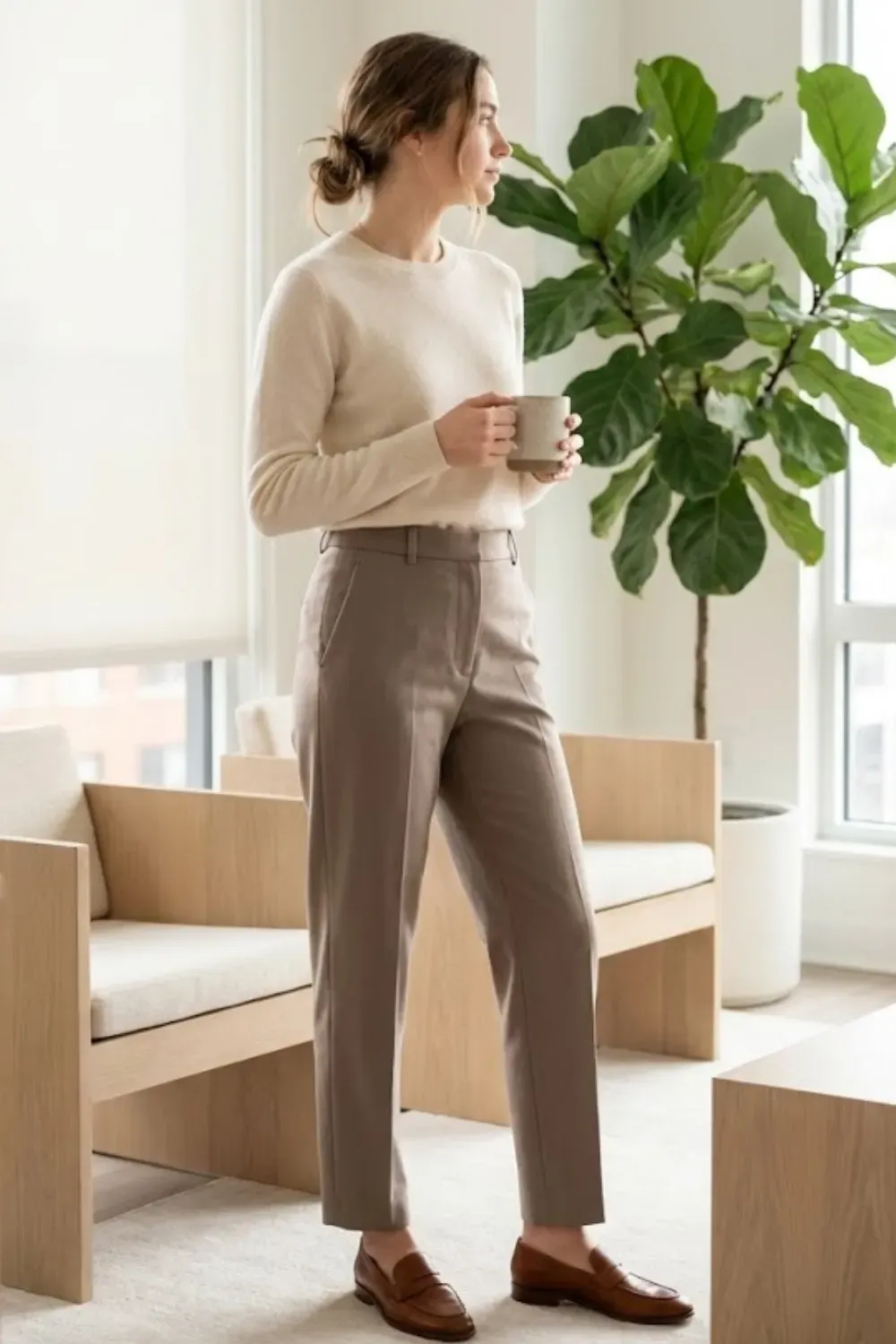 Cream Crewneck & Taupe Office Pants – Woman standing in a bright living room holding a coffee mug, wearing a soft cream crewneck cashmere sweater and tailored taupe brown trousers with brown loafers.