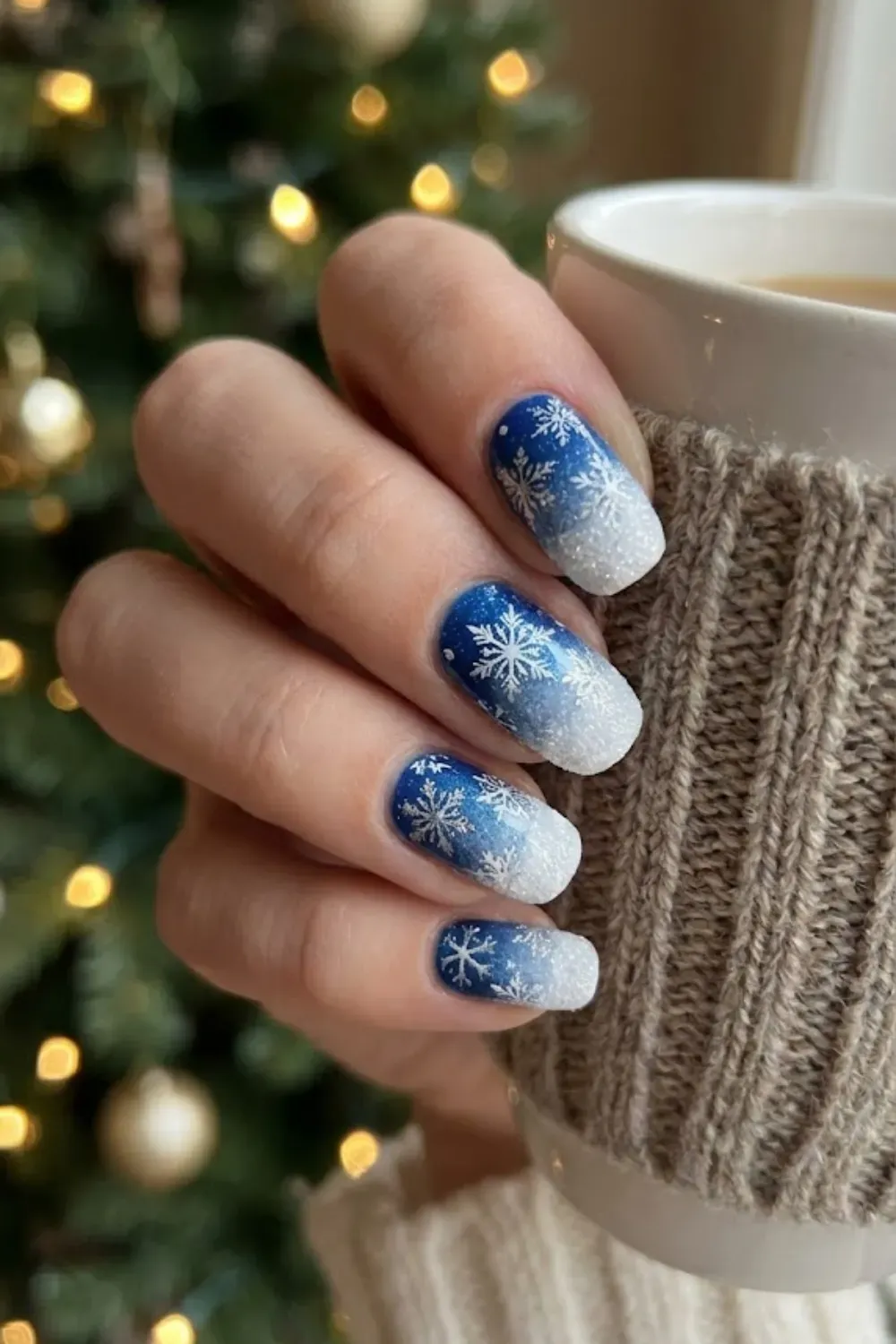 Frosty Ombré Snowflake Stamping - blue to white frosted ombre nails with white snowflake stamping art