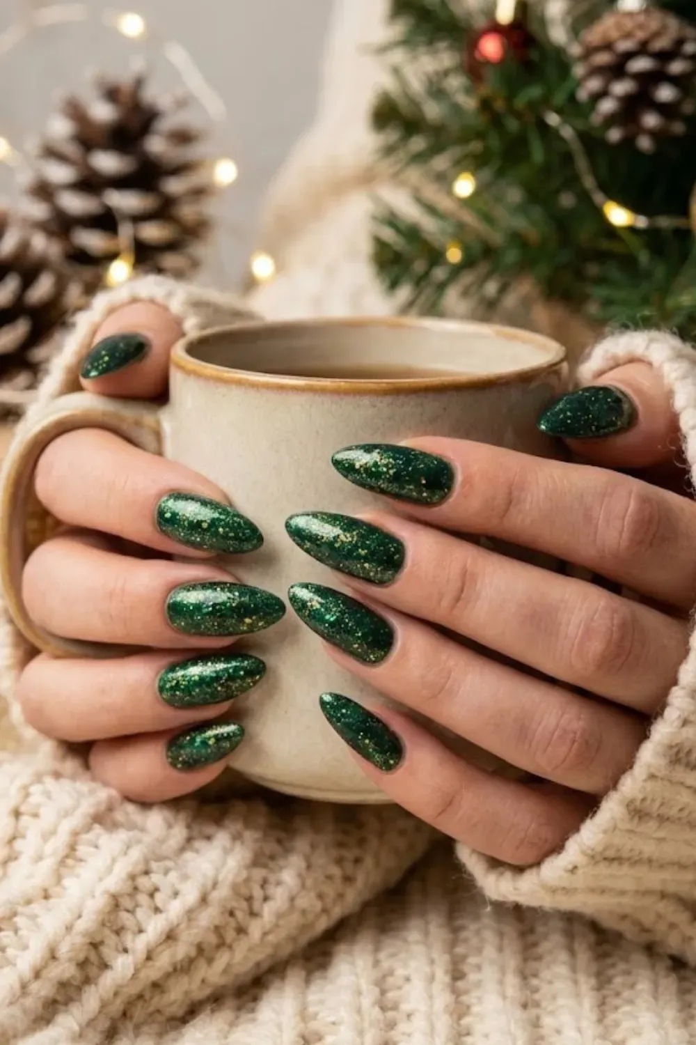 Gold Speckled Green Nails – pine green nails with gold shimmer and flake top coat