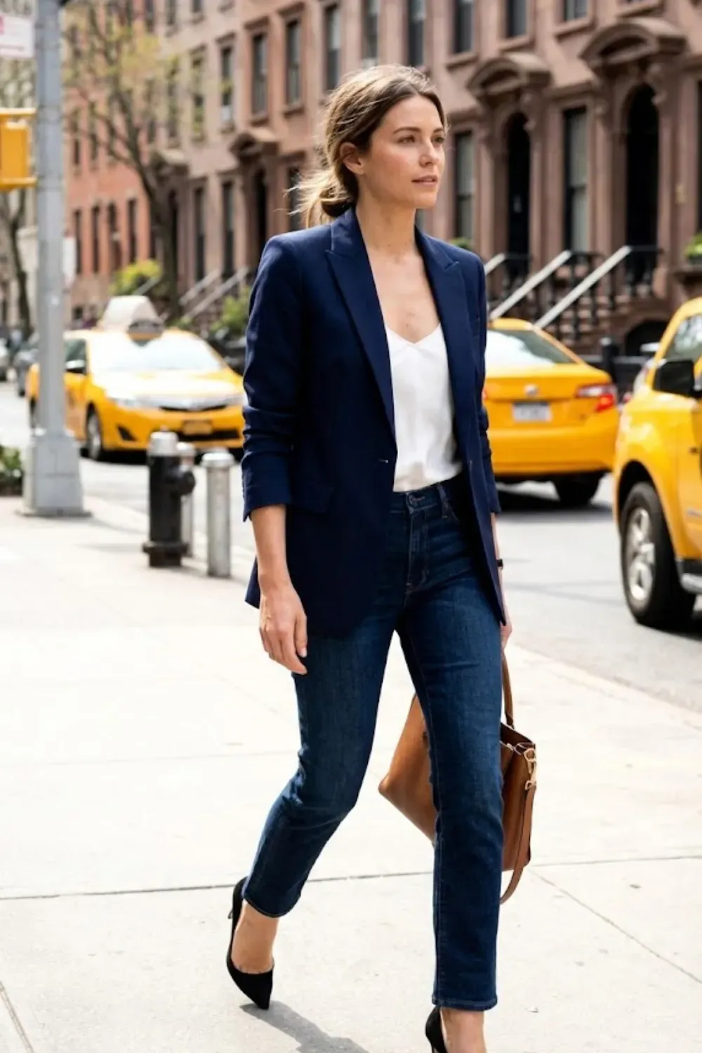 Navy Blazer & Dark Wash Denim – Smart casual outfit with a navy blazer, white camisole, and dark wash jeans on a city street.